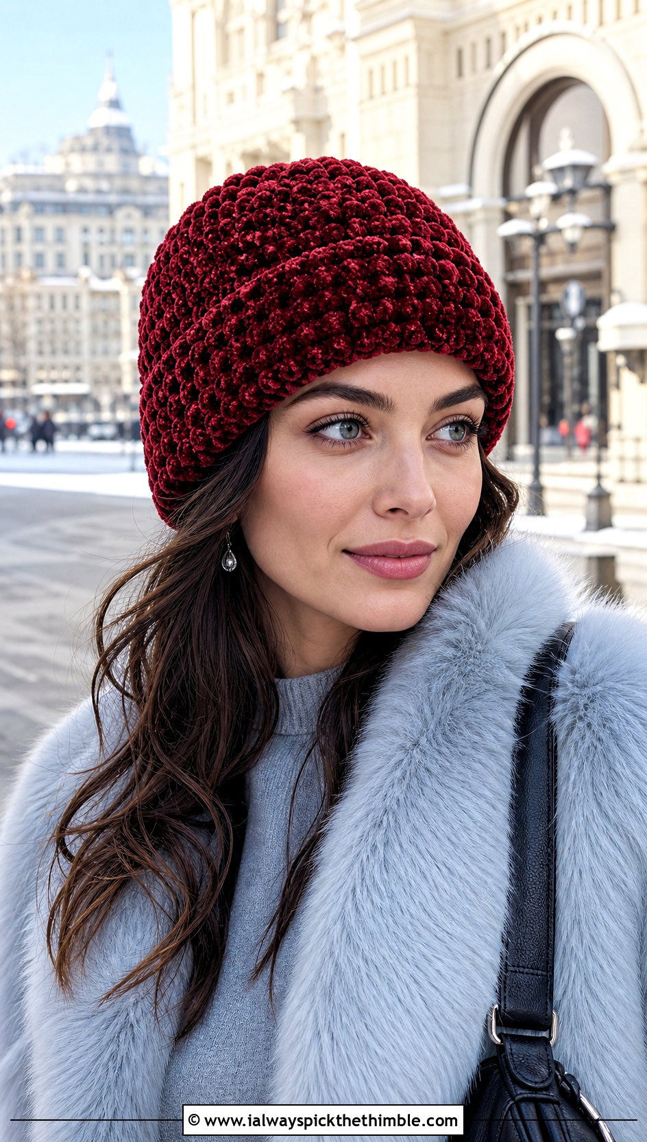 Chenille Crochet Beanie With Faux Fur Coat And Knit Set - 15 crochet beany hat outfit ideas