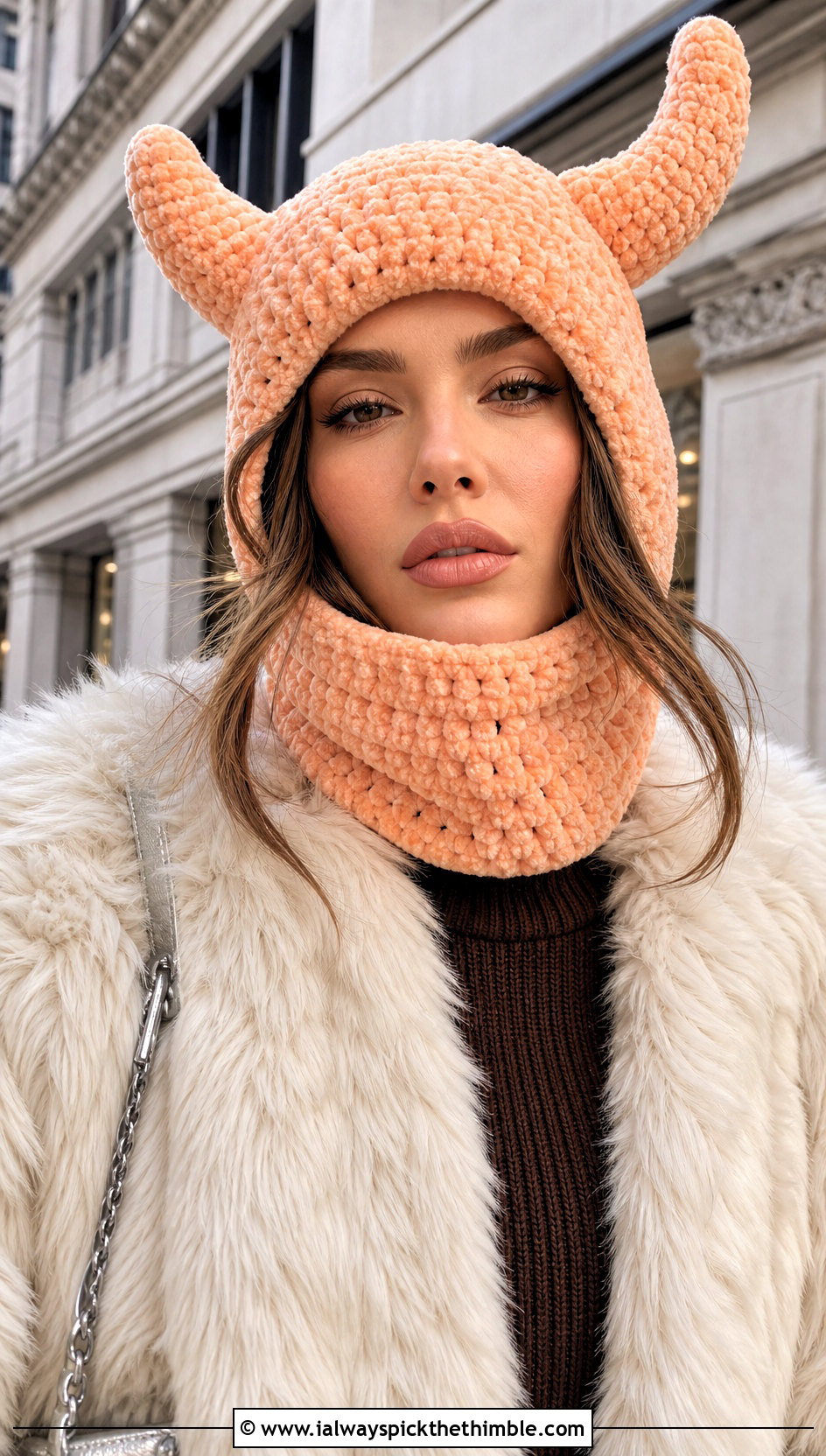 Chenille Crochet Devil Horn Balaclava With Faux Fur Coat - 20 crochet devil horn balaclava outfit ideas