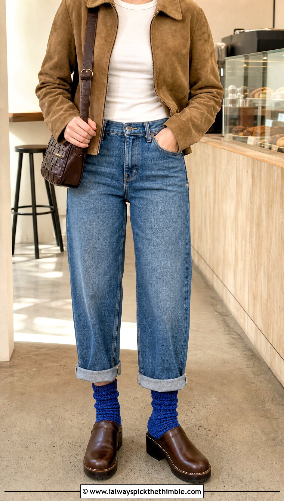 Chenille Crochet Fluffy Crew Socks With Straight Leg Jeans - 20 Crochet Fluffy Socks outfit ideas