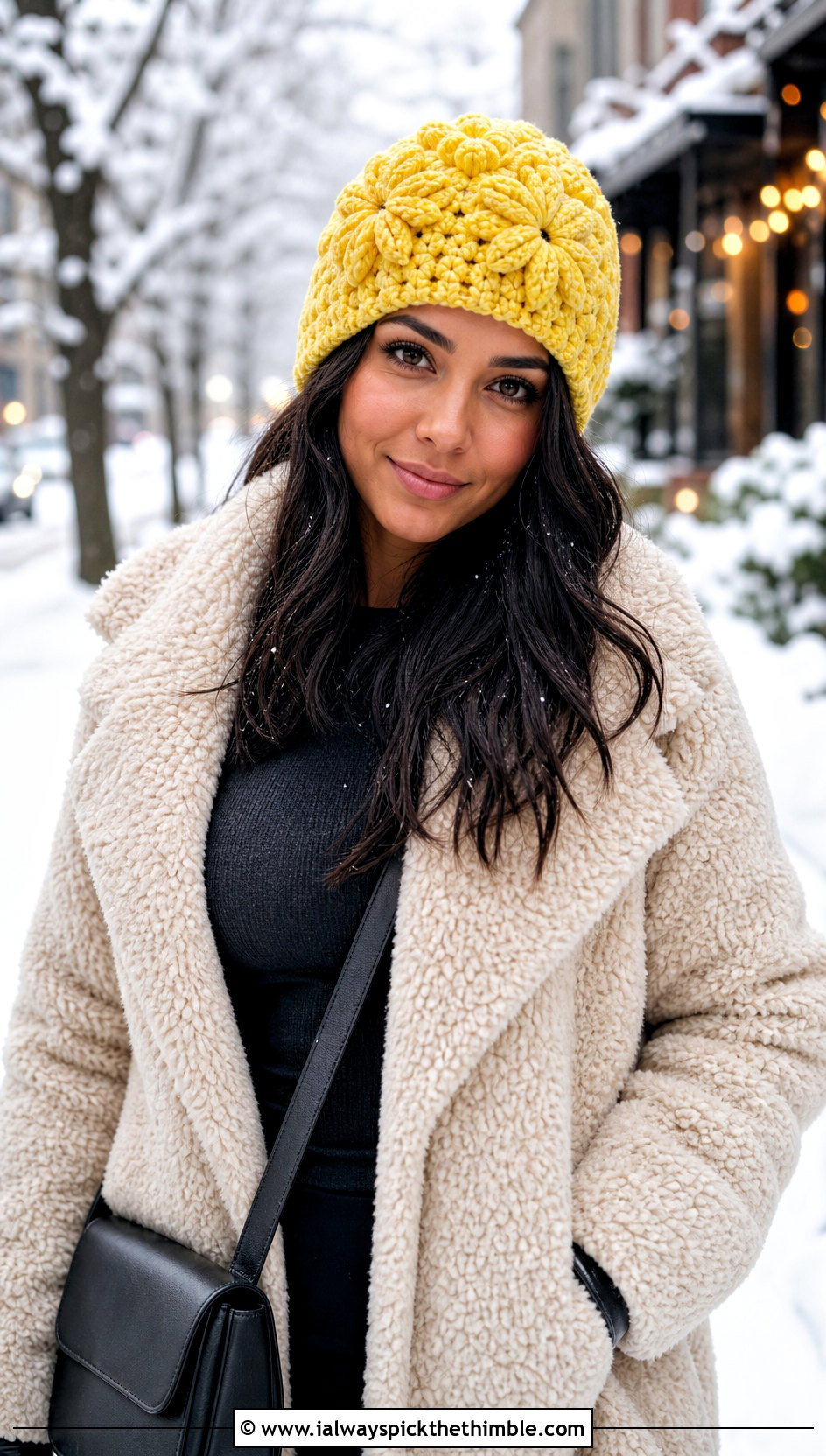 Chenille Flower Crochet Beanie With Teddy Coat - 20 crochet flower beanie outfit ideas