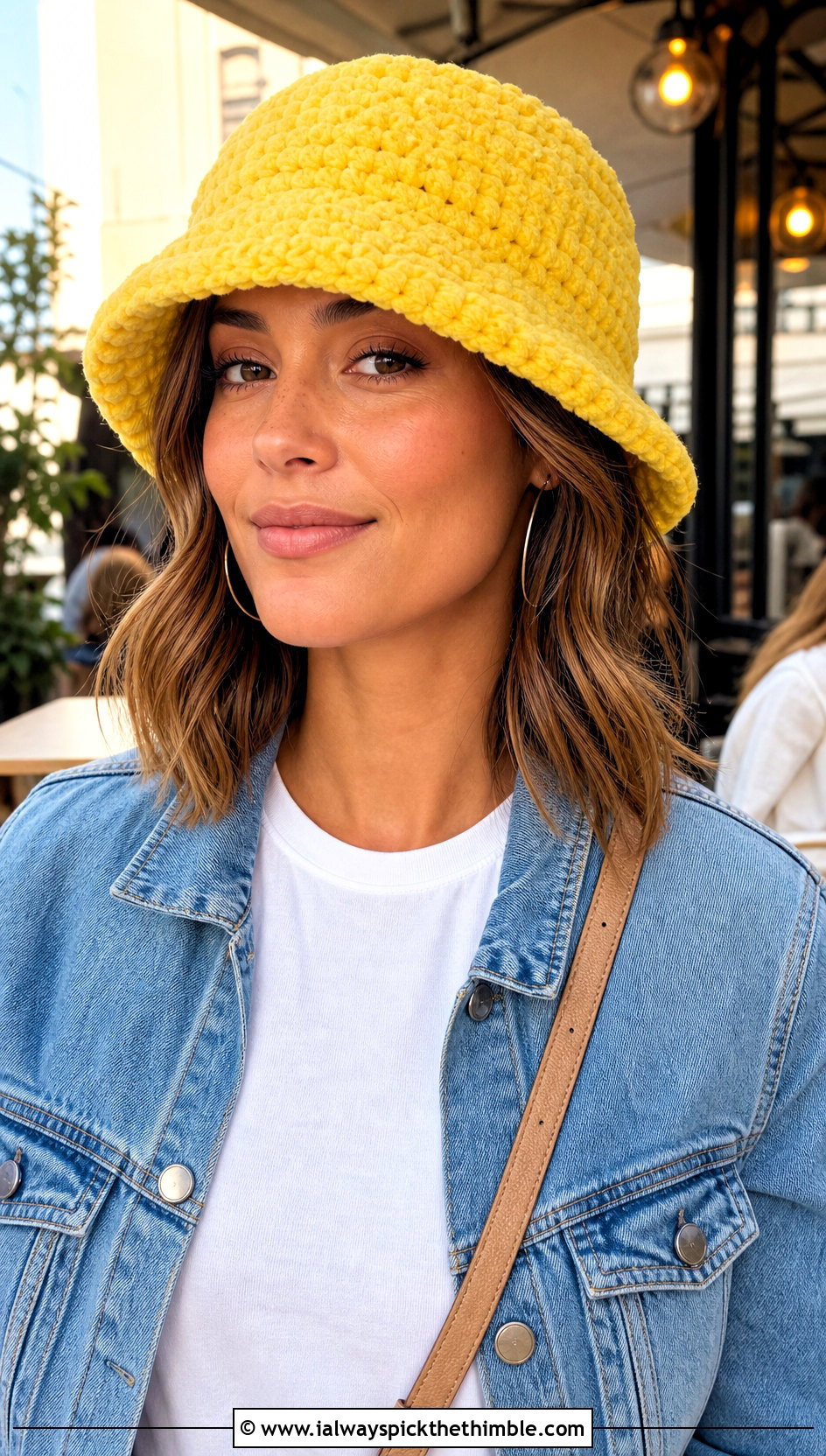 Chenille Fuzzy Crochet Bucket Hat With White Tee And Jeans - 20 fuzzy crochet bucket hat outfit ideas