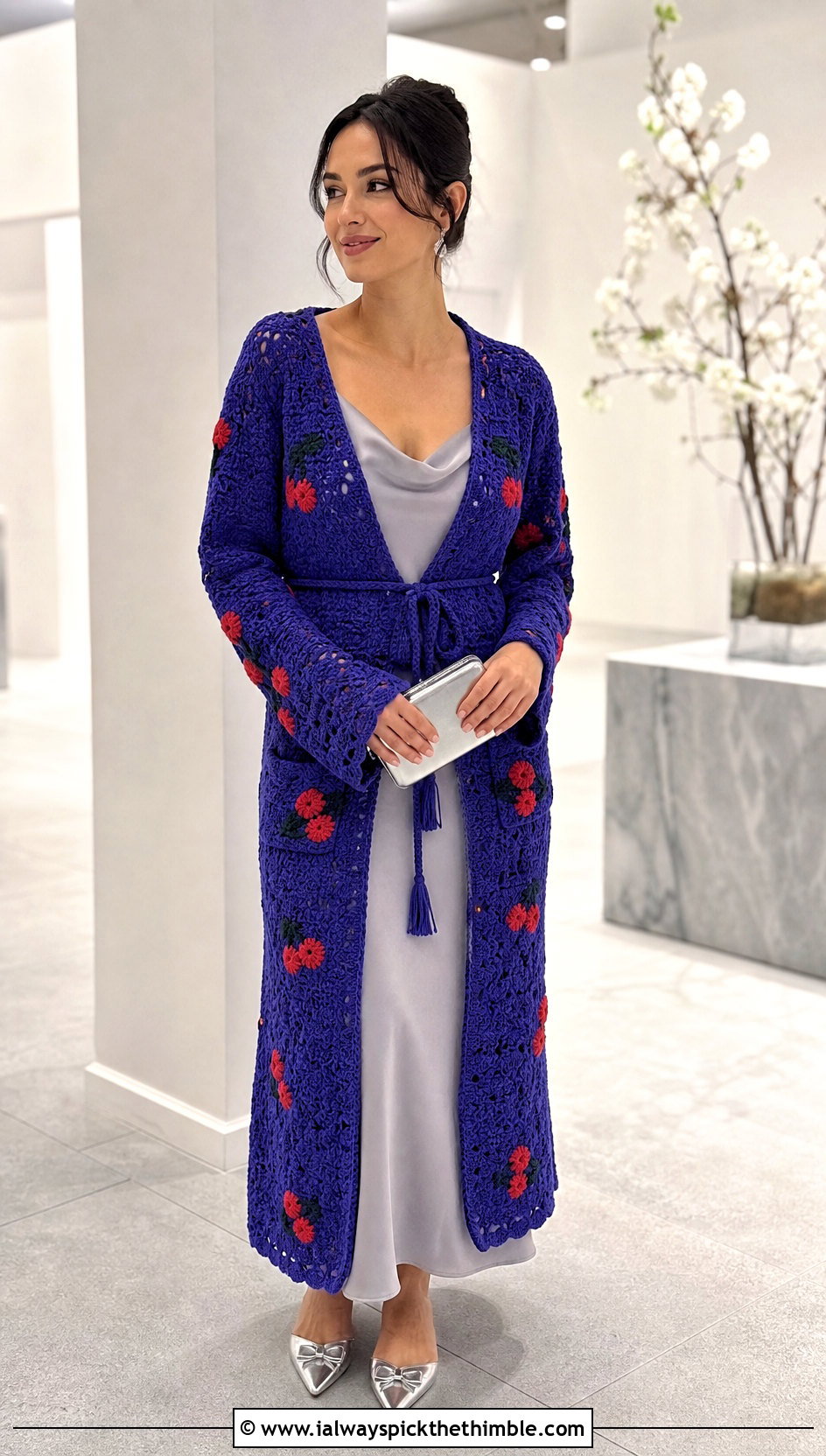 Cherry Belted Crochet Cardigan With a Slip Dress - 20 cherry crochet cardigan outfit ideas