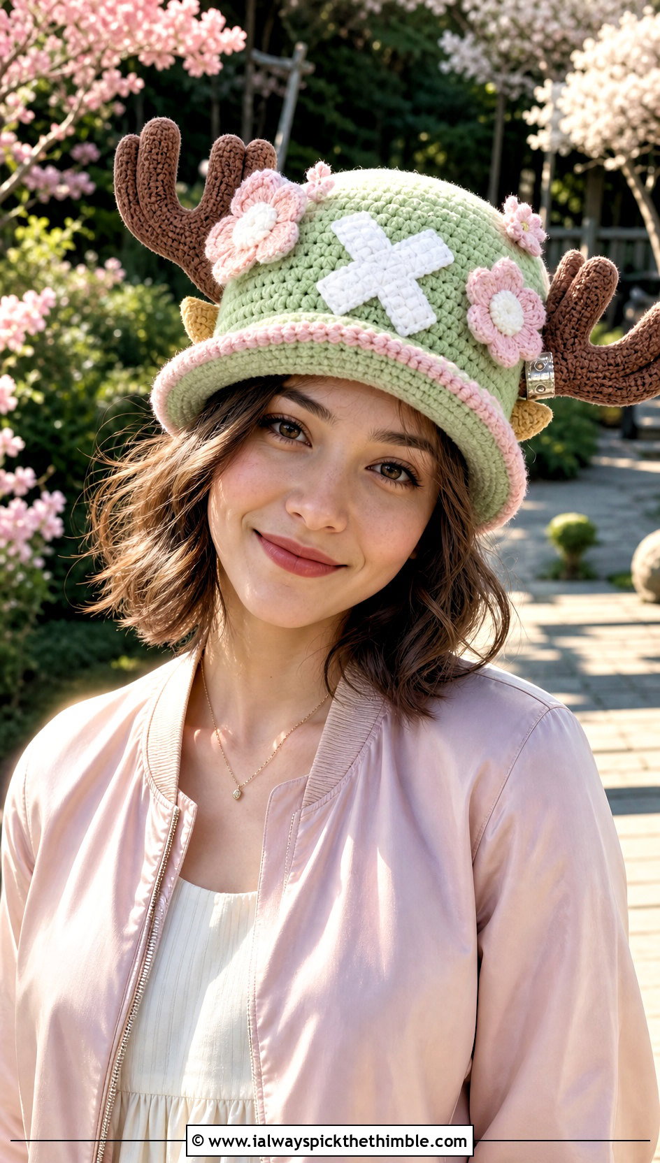 Cherry Blossom Chopper Crochet Hat With Bomber Jacket And Midi Dress - 20 chopper crochet hat outfit ideas