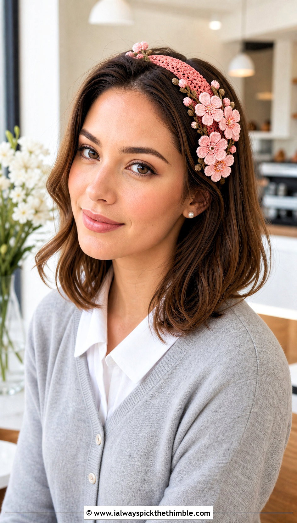 Cherry Blossom Crochet Headband Set With Cardigan And Trousers - 15 crochet flower and headband set outfit ideas