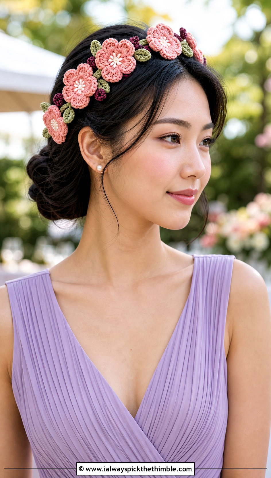 Cherry Blossom Crochet Headband With Pleated Dress - 25 flower crochet headband outfit ideas