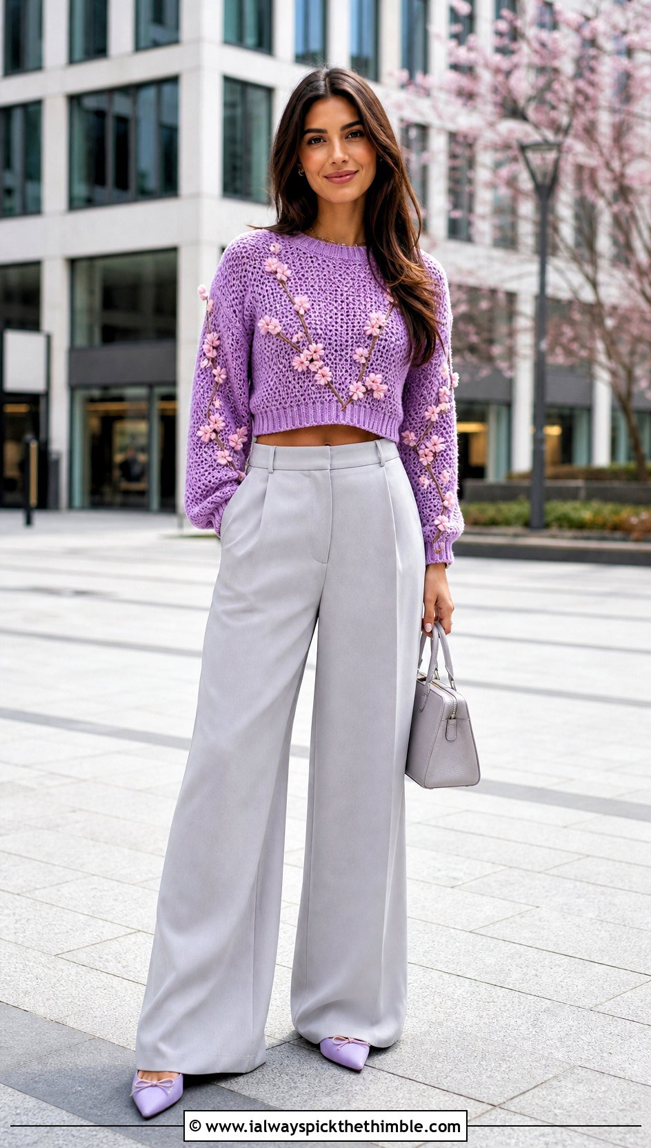 Cherry Blossom Crochet Sweater With Wide Leg Pants - 20 flower crochet sweater outfit ideas