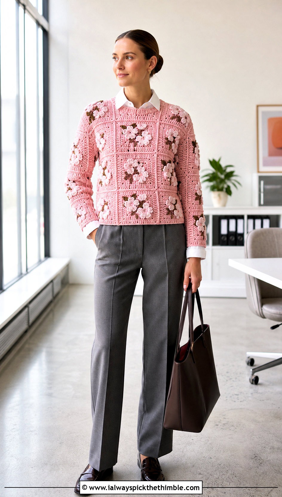 Cherry Blossom Granny Square Sweater With Suit Trousers - 20 flower granny square sweater outfit ideas