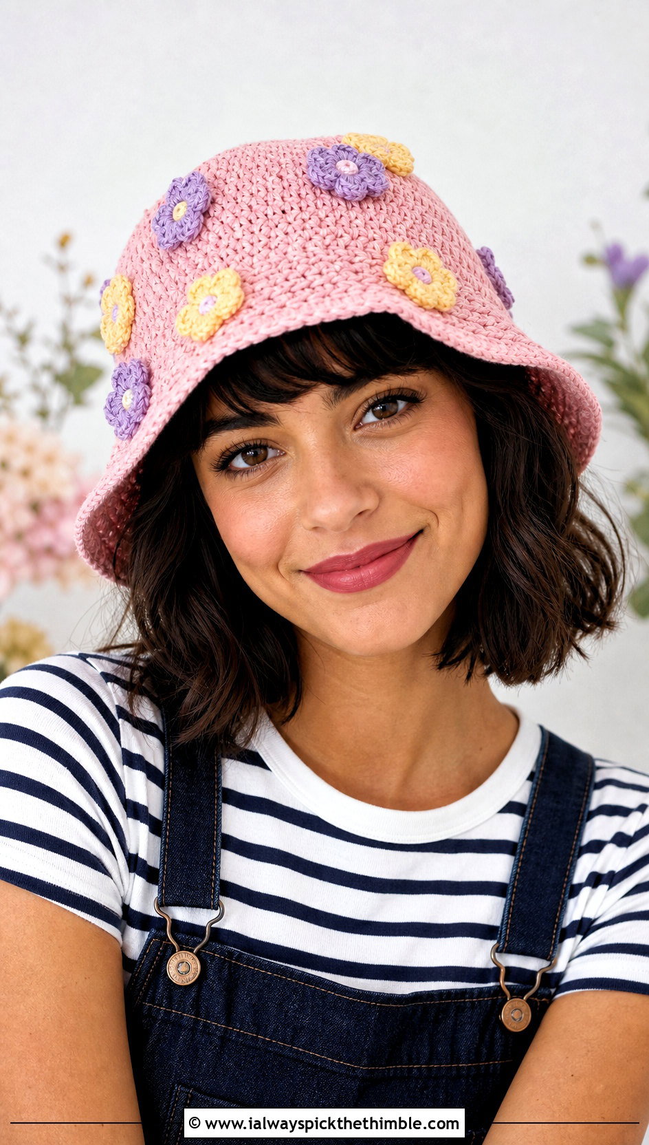 Cherry Blossom Pink Floral Crochet Bucket Hat With Overalls - 15 pink crochet bucket hat outfit ideas