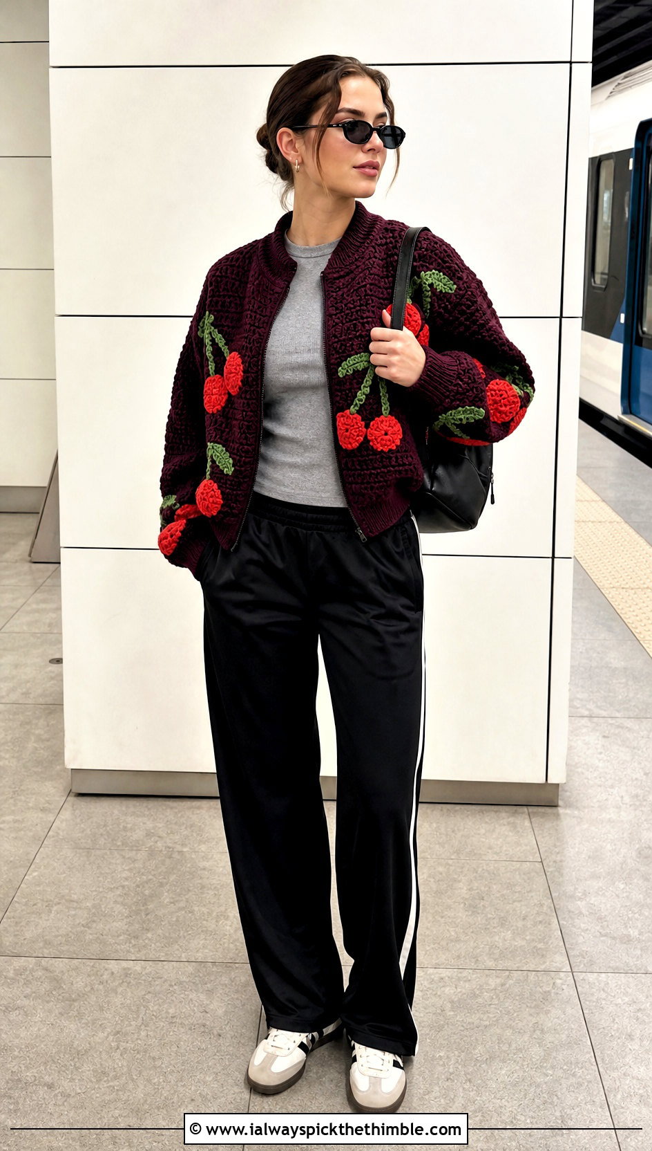 Cherry Bomber Crochet Cardigan With Track Pants - 20 cherry crochet cardigan outfit ideas