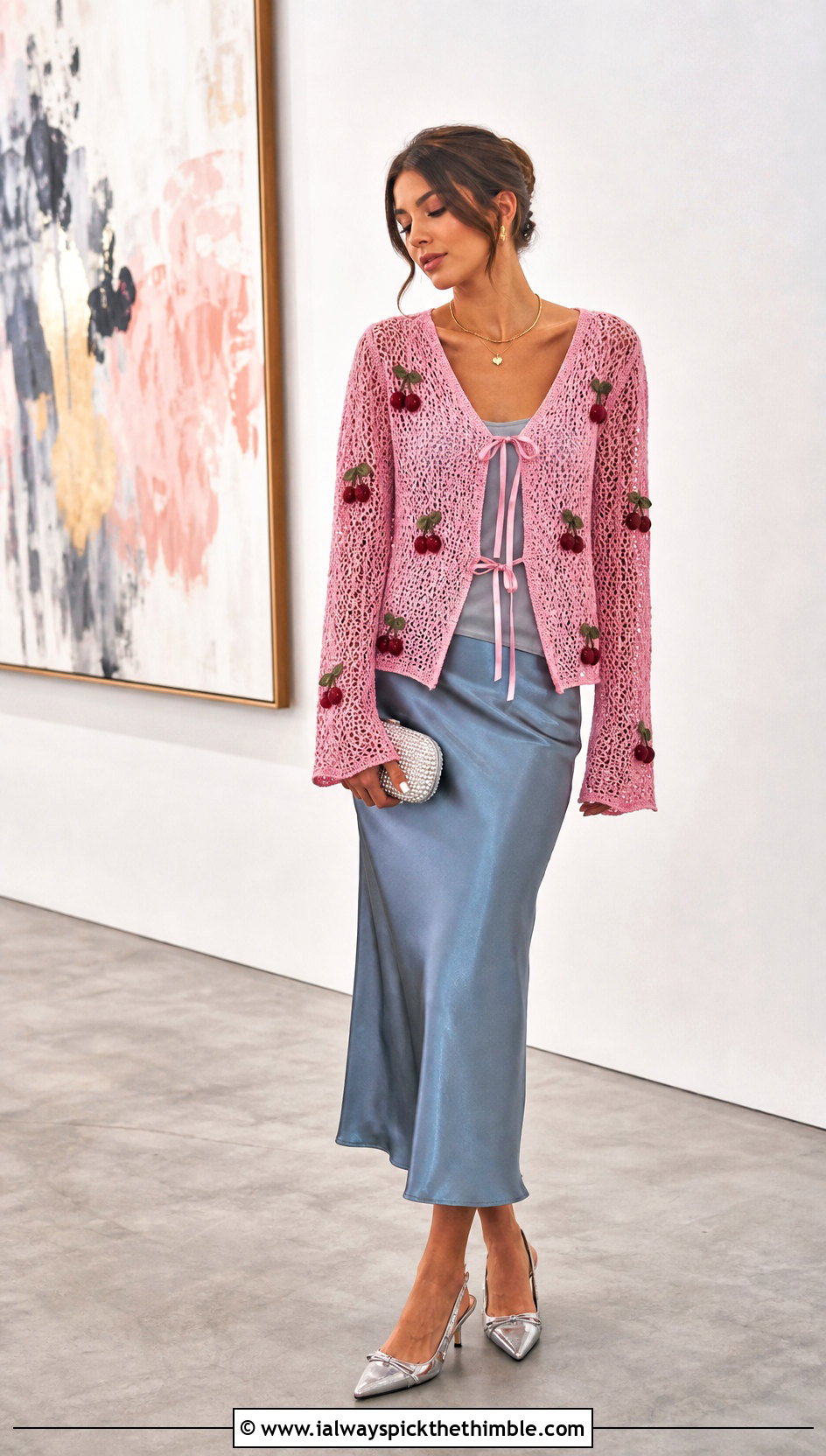 Cherry Bow Front Crochet Cardigan With Satin Slip Skirt - 20 cherry crochet cardigan outfit ideas