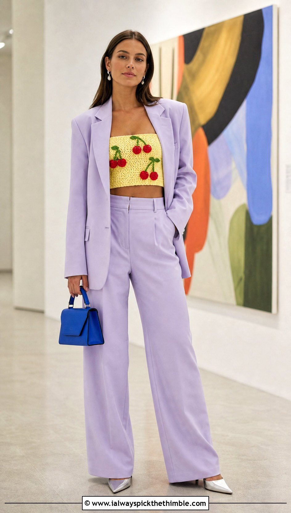 Cherry Crochet Bandeau Top With Oversized Suit - 25 crochet cherry top outfit ideas