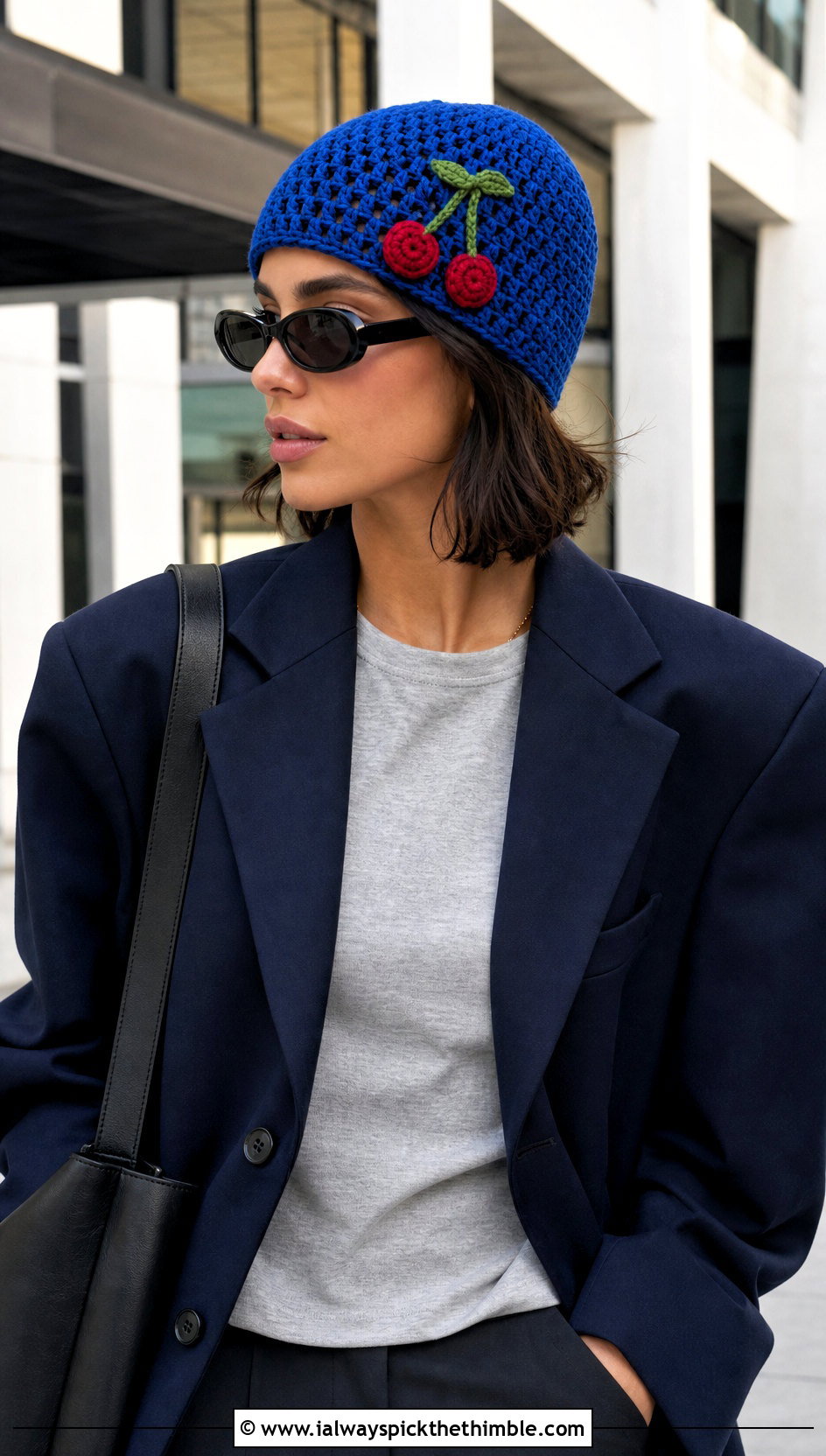 Cherry Crochet Beanie With Blazer And Jeans - 20 crochet fruit beanie outfit ideas