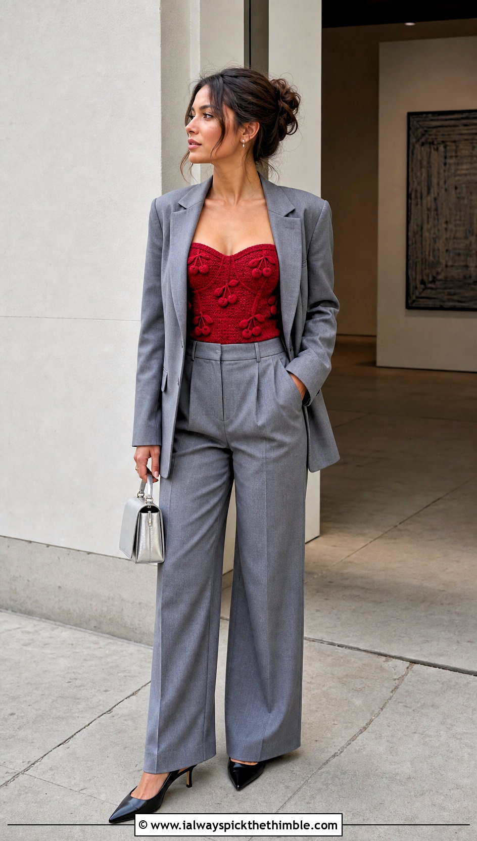 Cherry Crochet Corset Top With Tailored Trousers - 25 crochet cherry top outfit ideas