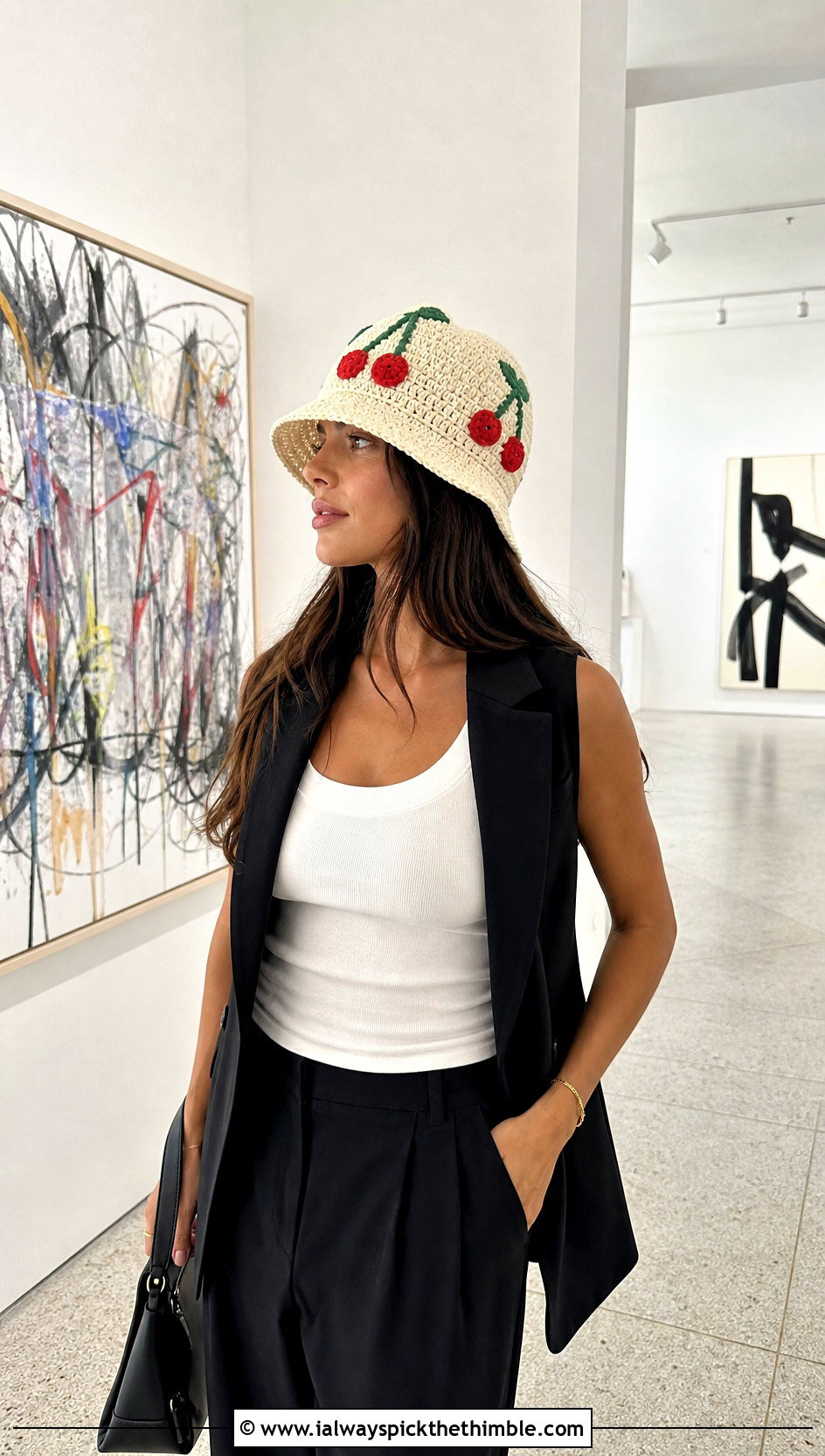 Cherry Crochet Fruit Bucket Hat With Tailored Vest - 20 crochet fruit bucket hat outfit ideas