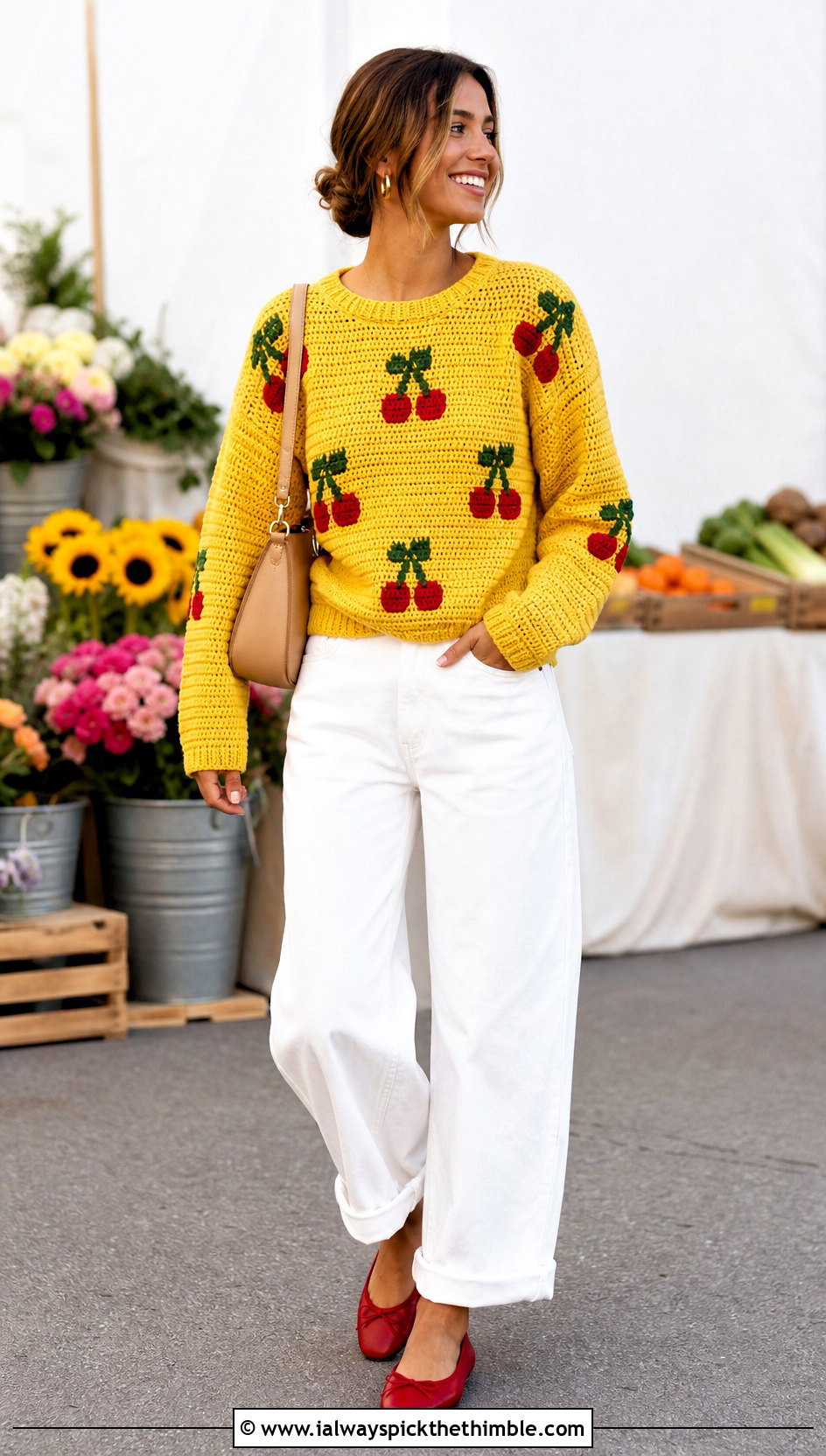 Cherry Crochet Graph Sweater With White Jeans - 20 crochet graph sweater outfit ideas