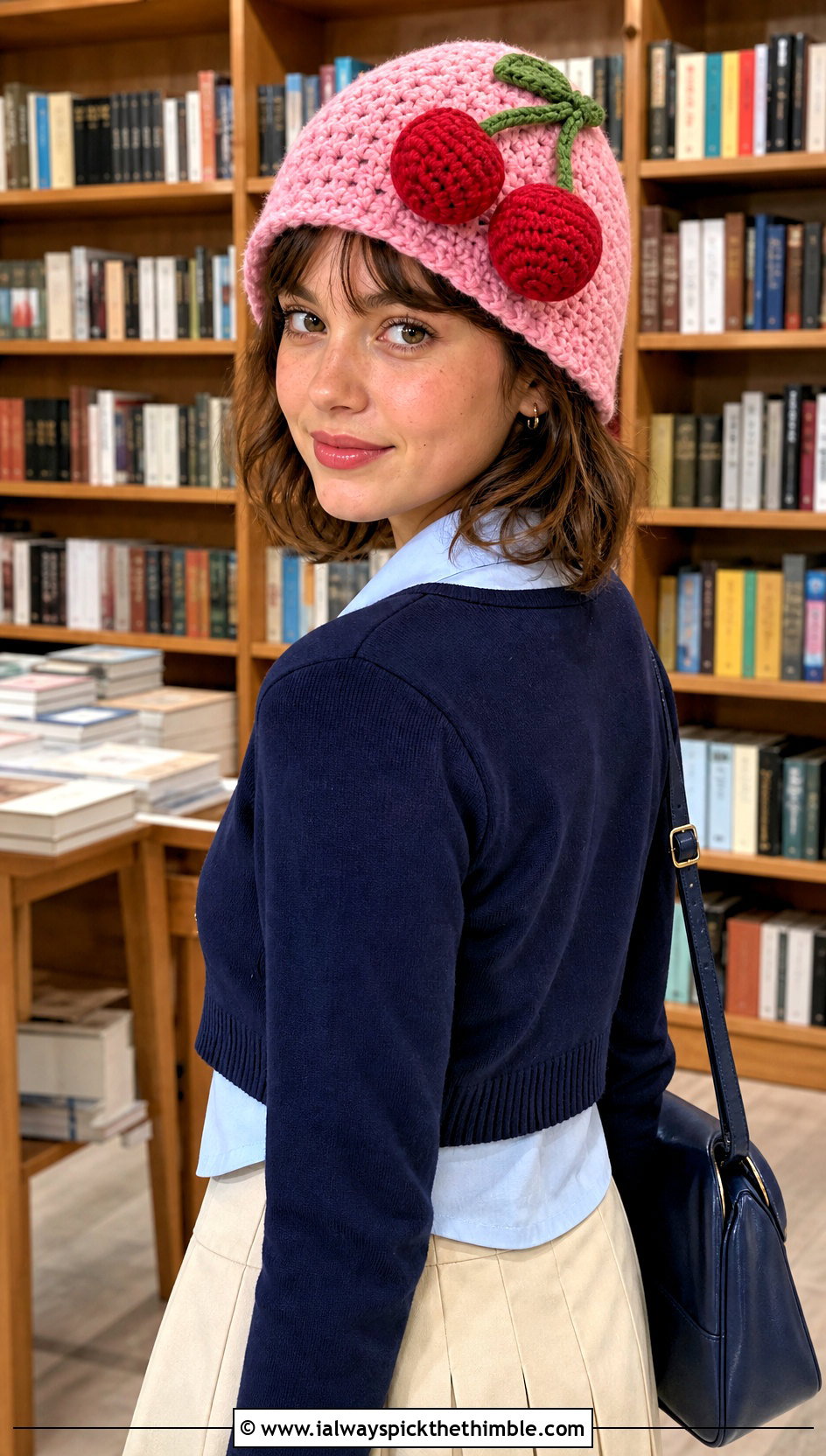 Cherry Crochet Hat With Cardigan And Pleated Skirt - 20 funny crochet hat outfit ideas