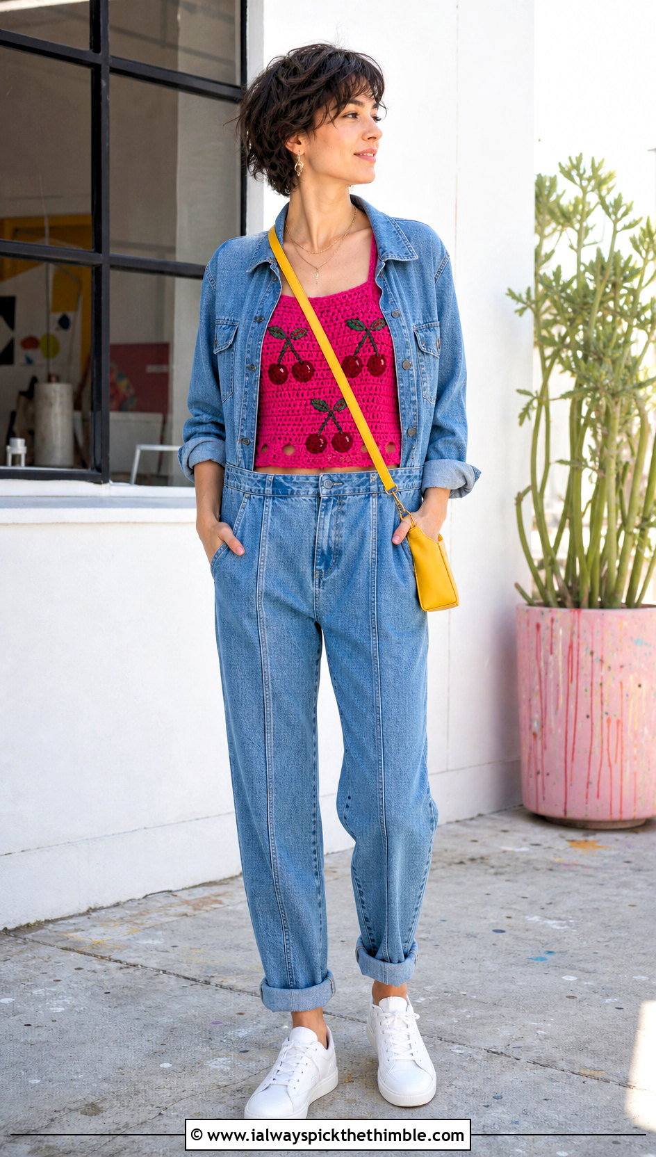 Cherry Crochet Tank Top With Boiler Suit - 25 crochet cherry top outfit ideas