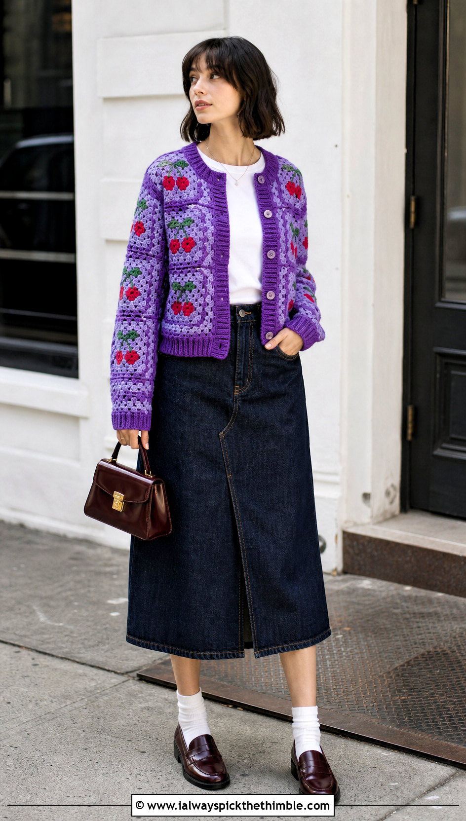 Cherry Granny Square Cardigan With Denim Midi Skirt - 20 cherry crochet cardigan outfit ideas