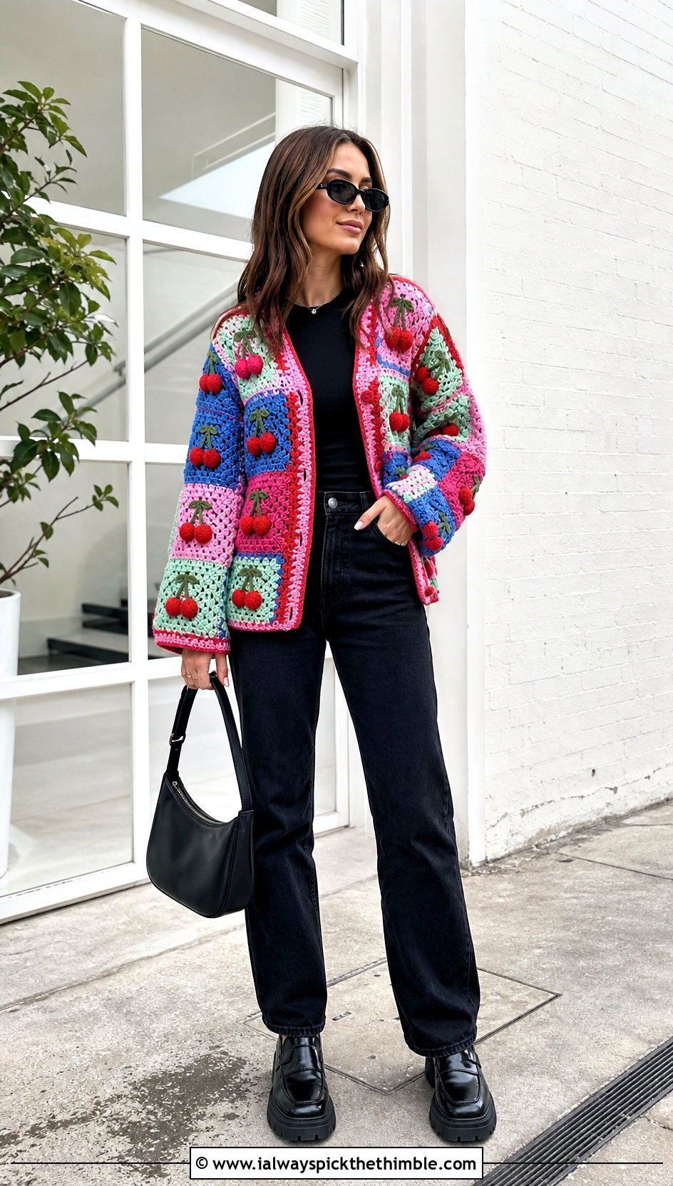Cherry Patchwork Crochet Cardigan With Black Jeans - 20 cherry crochet cardigan outfit ideas