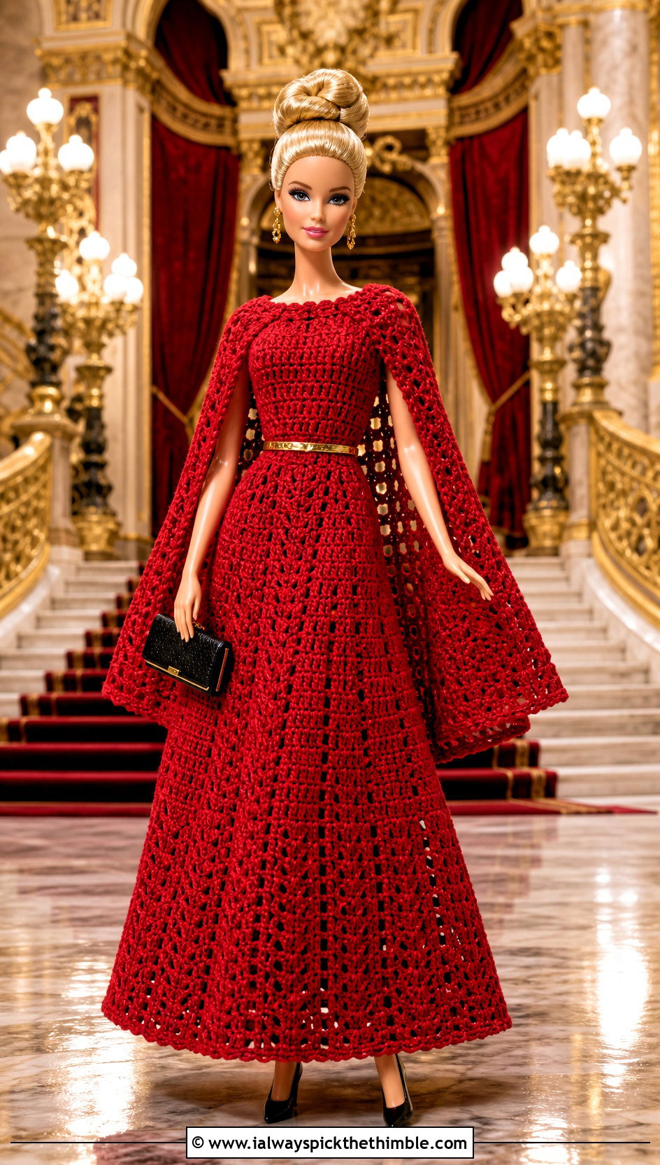 Cherry Red Cape Sleeve Crochet Barbie Ball Gown - 20 crochet barbie ball gowns outfit ideas