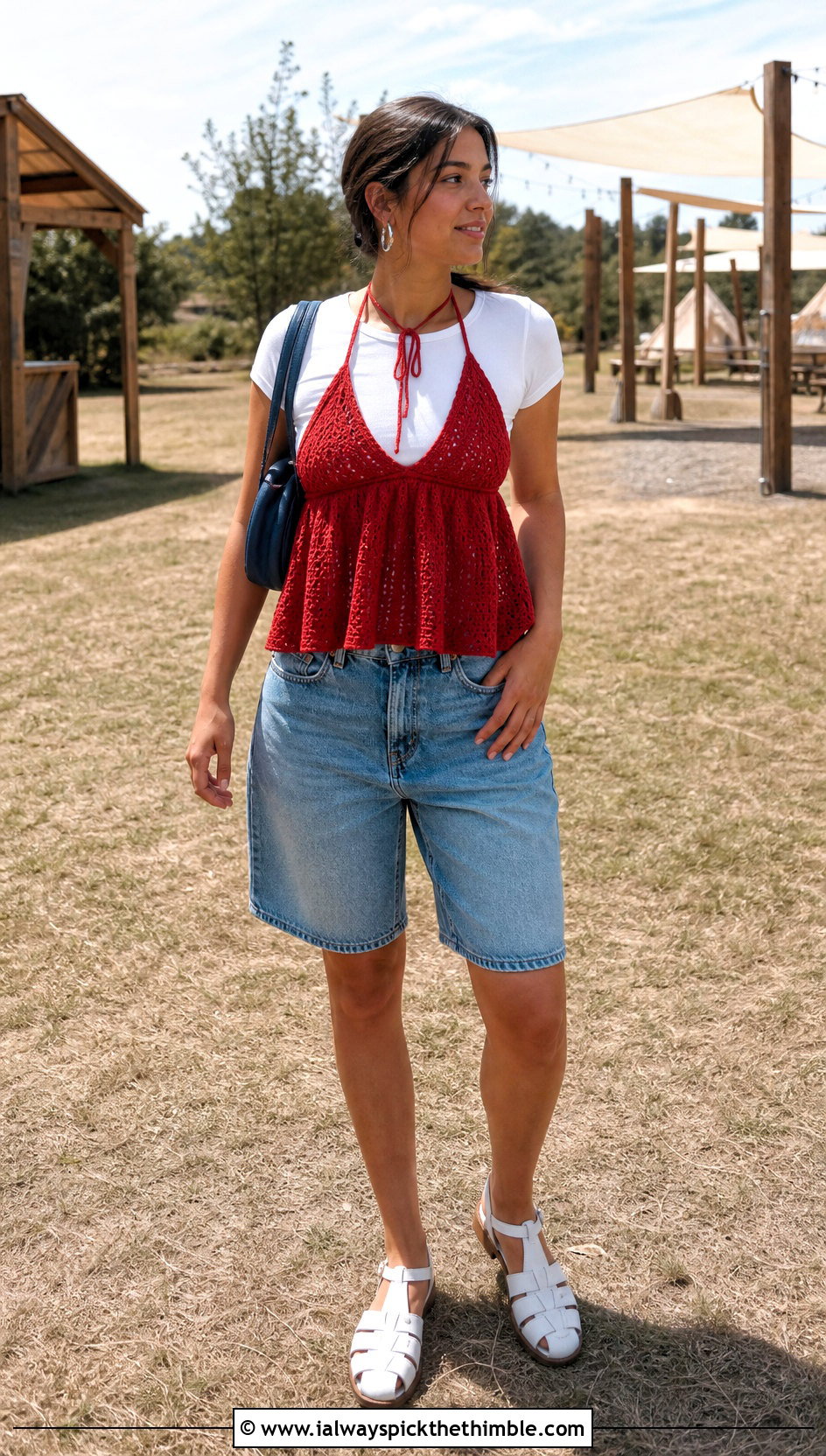 Cherry Red Crochet Babydoll Top With Denim Jorts - 20 hollister crochet babydoll top outfit ideas