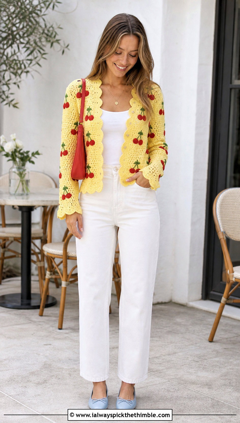 Cherry Scalloped Crochet Cardigan With White Denim - 20 cherry crochet cardigan outfit ideas