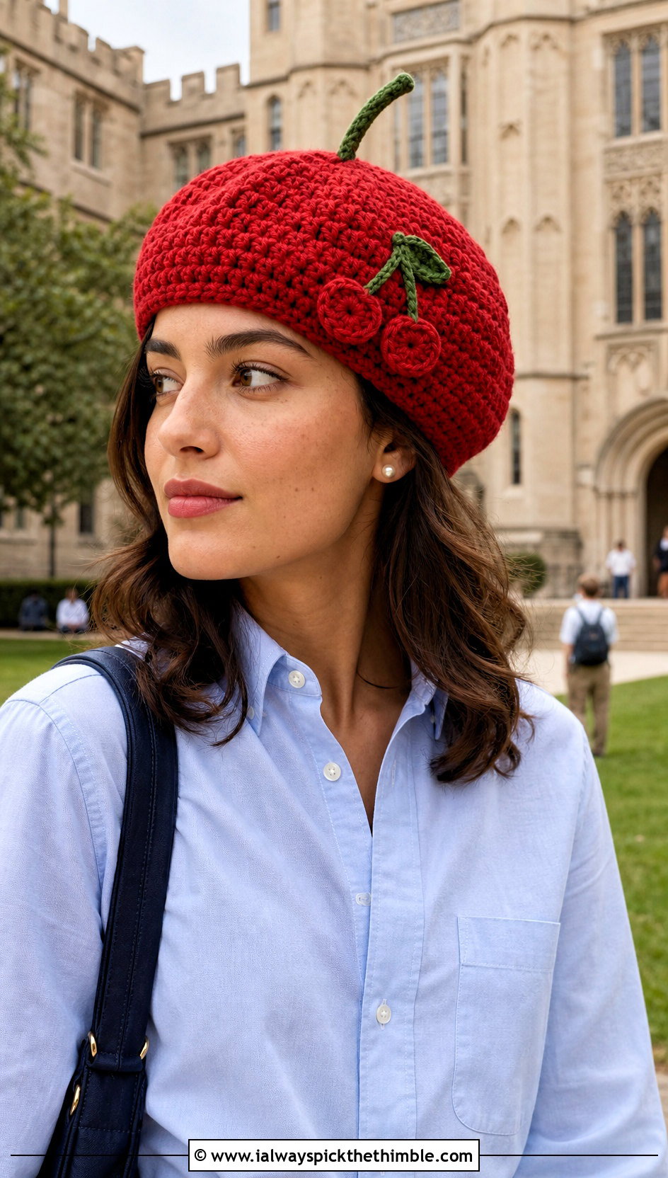 Cherry Stem Crochet Beret With Preppy Outfit - 20 Weird Crochet Hat outfit ideas