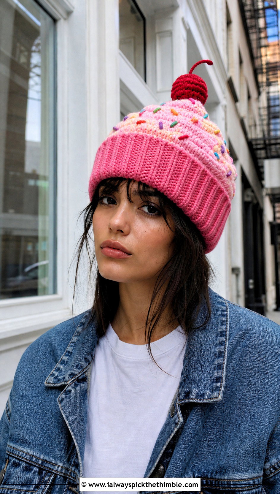 Cherry Top Crochet Cupcake Beanie With Denim Jacket - 15 Crochet Cupcake Beanie outfit ideas