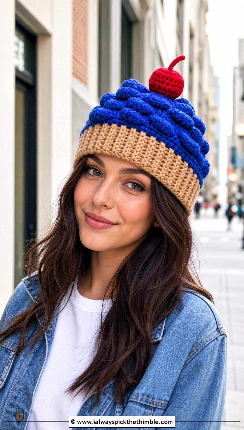 Cherry Top Crochet Cupcake Hat With Denim Jacket - 20 crochet cupcake hat outfit ideas