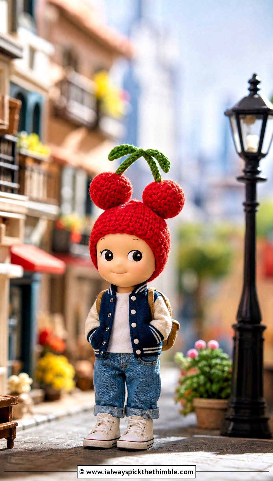 Cherry Twin Stem Sonny Angel Crochet Hat With Varsity Jacket - 20 sonny angel crochet hat outfit ideas