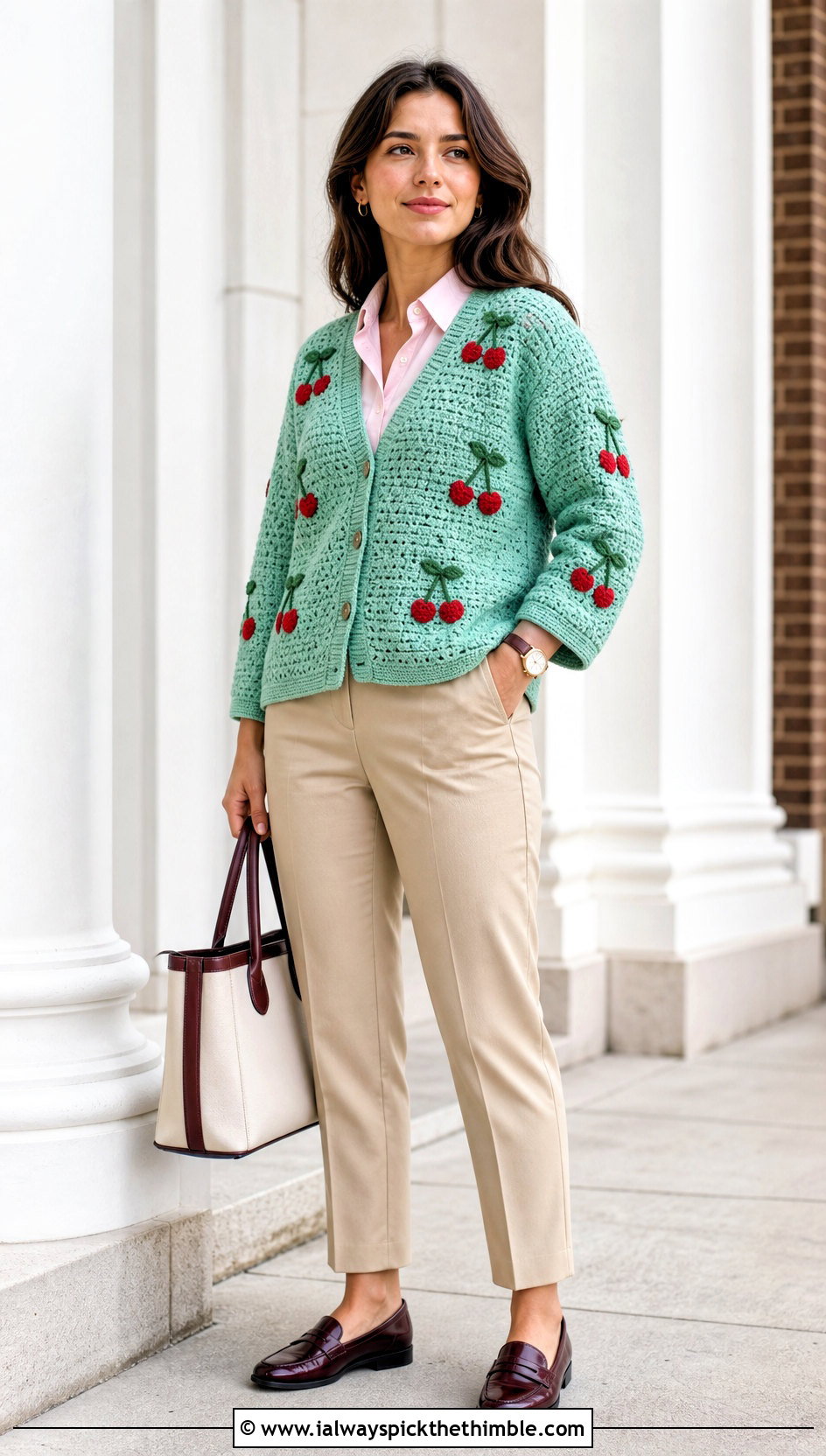 Cherry V Neck Crochet Cardigan With a Button Down Shirt - 20 cherry crochet cardigan outfit ideas