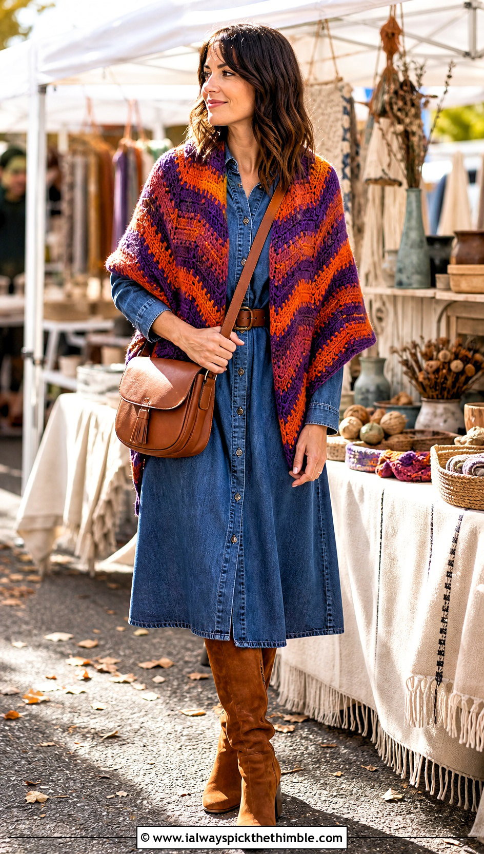 Chevron Boomerang Shawl With Denim Dress - 20 Crochet Halloween Shawl outfit ideas