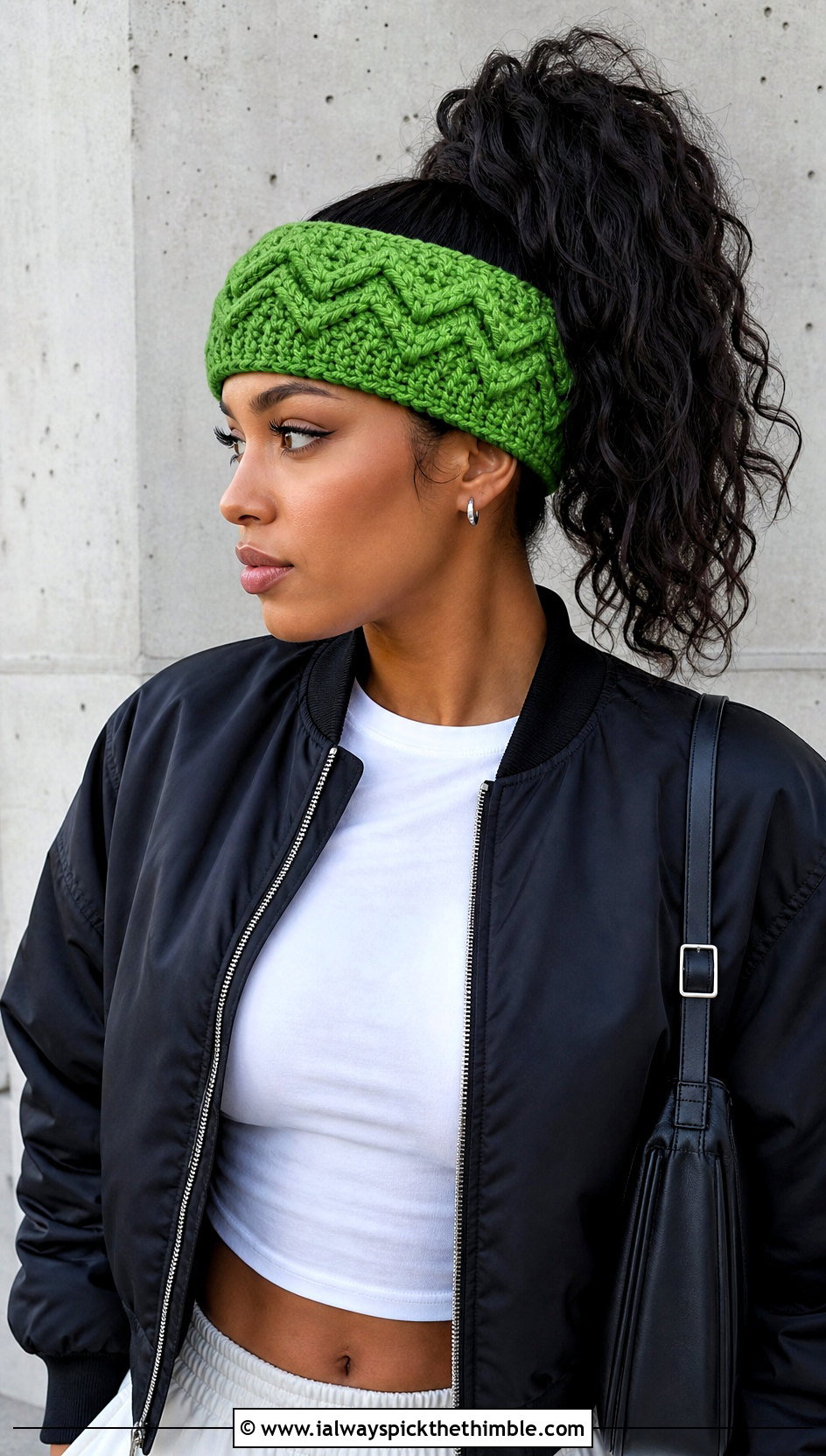 Chevron Bulky Yarn Crochet Ear Warmer With Bomber Jacket - 20 Bulky Yarn Crochet Ear Warmer outfit ideas
