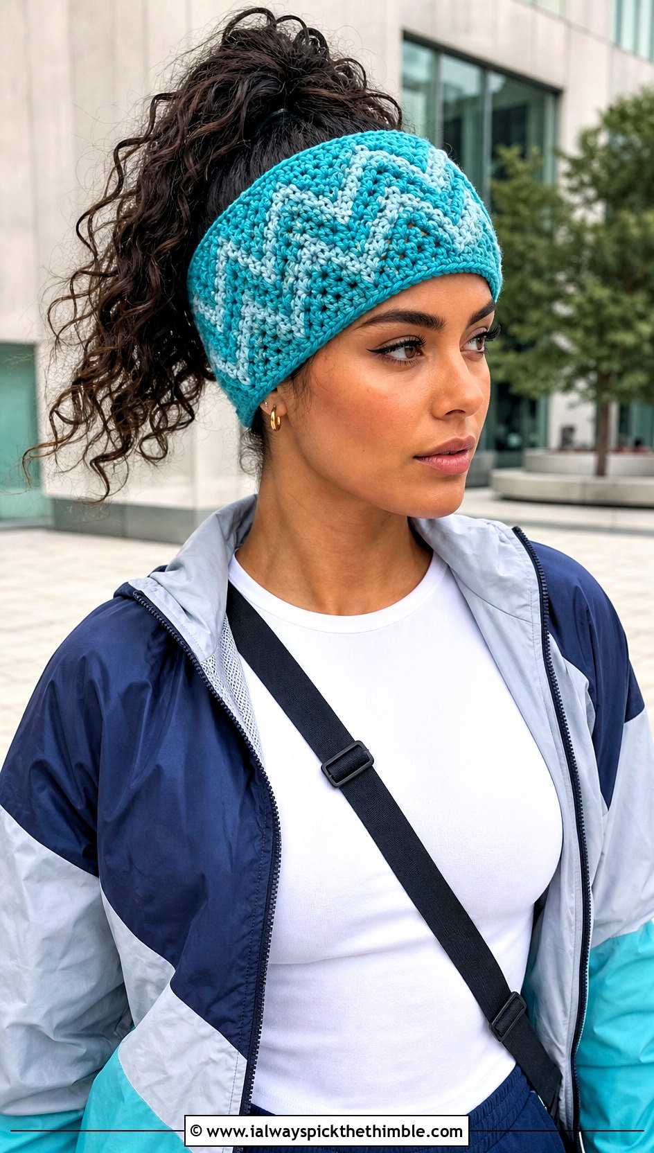 Chevron Bulky Yarn Crochet Headband With Color Block Jacket - 20 bulky yarn crochet headband outfit ideas