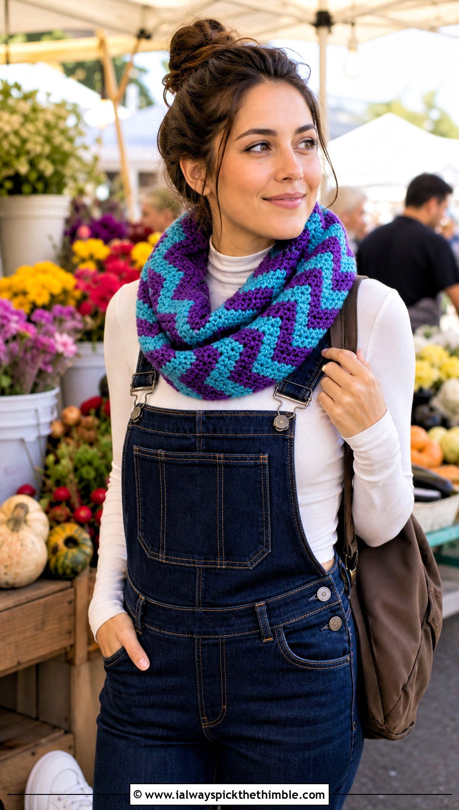 Chevron Chunky Crochet Infinity Scarf With Overalls - 20 Chunky Crochet Infinity Scarf outfit ideas