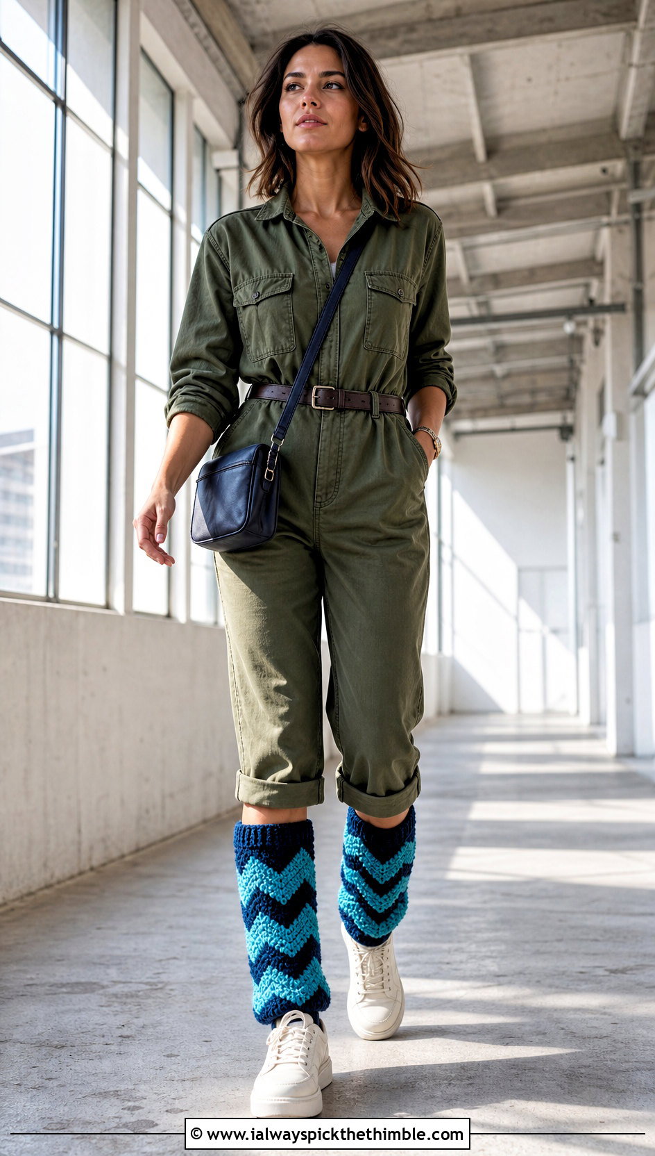 Chevron Chunky Crochet Leg Warmers With Utility Jumpsuit - 20 Chunky Yarn Crochet Leg Warmers outfit ideas