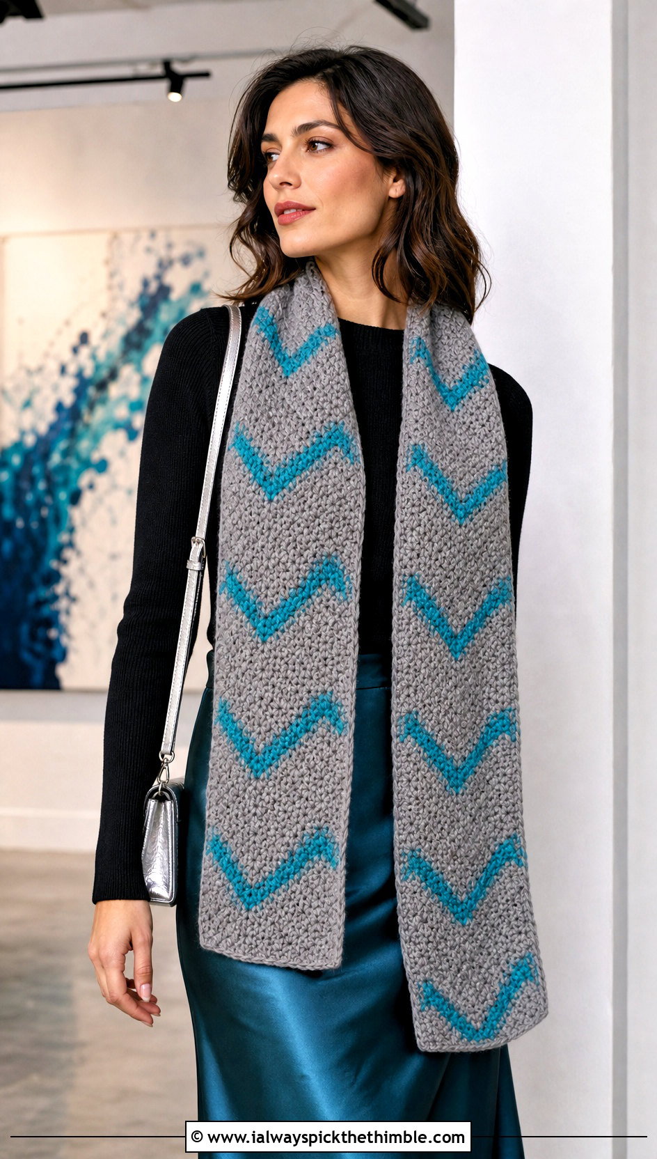 Chevron Chunky Gray Crochet Scarf With Satin Skirt And Sweater - 15 Chunky Gray Crochet Scarf outfit ideas