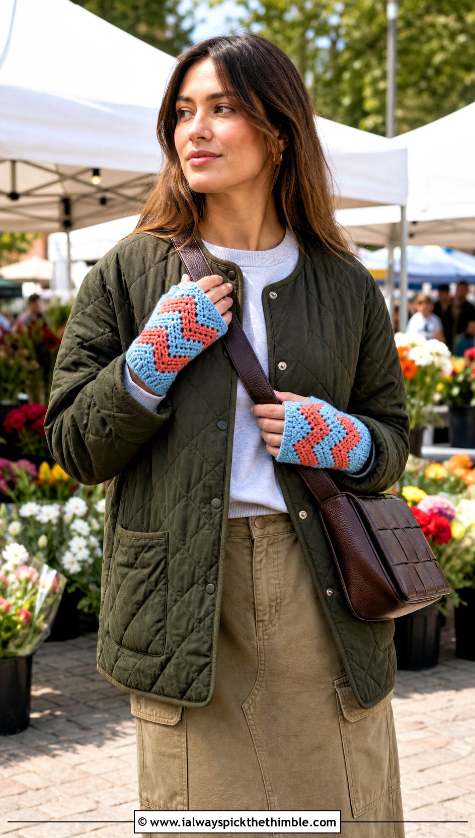 Chevron Chunky Yarn Crochet Fingerless Gloves With Quilted Jacket - 20 chunky yarn crochet fingerless gloves outfit ideas