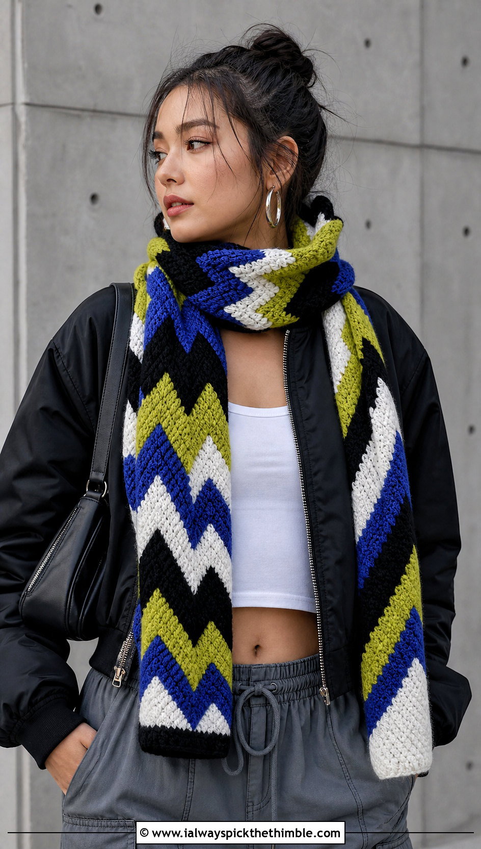Chevron Color Block Crochet Scarf With Cargo Pants - 20 Color Block Crochet Scarf outfit ideas