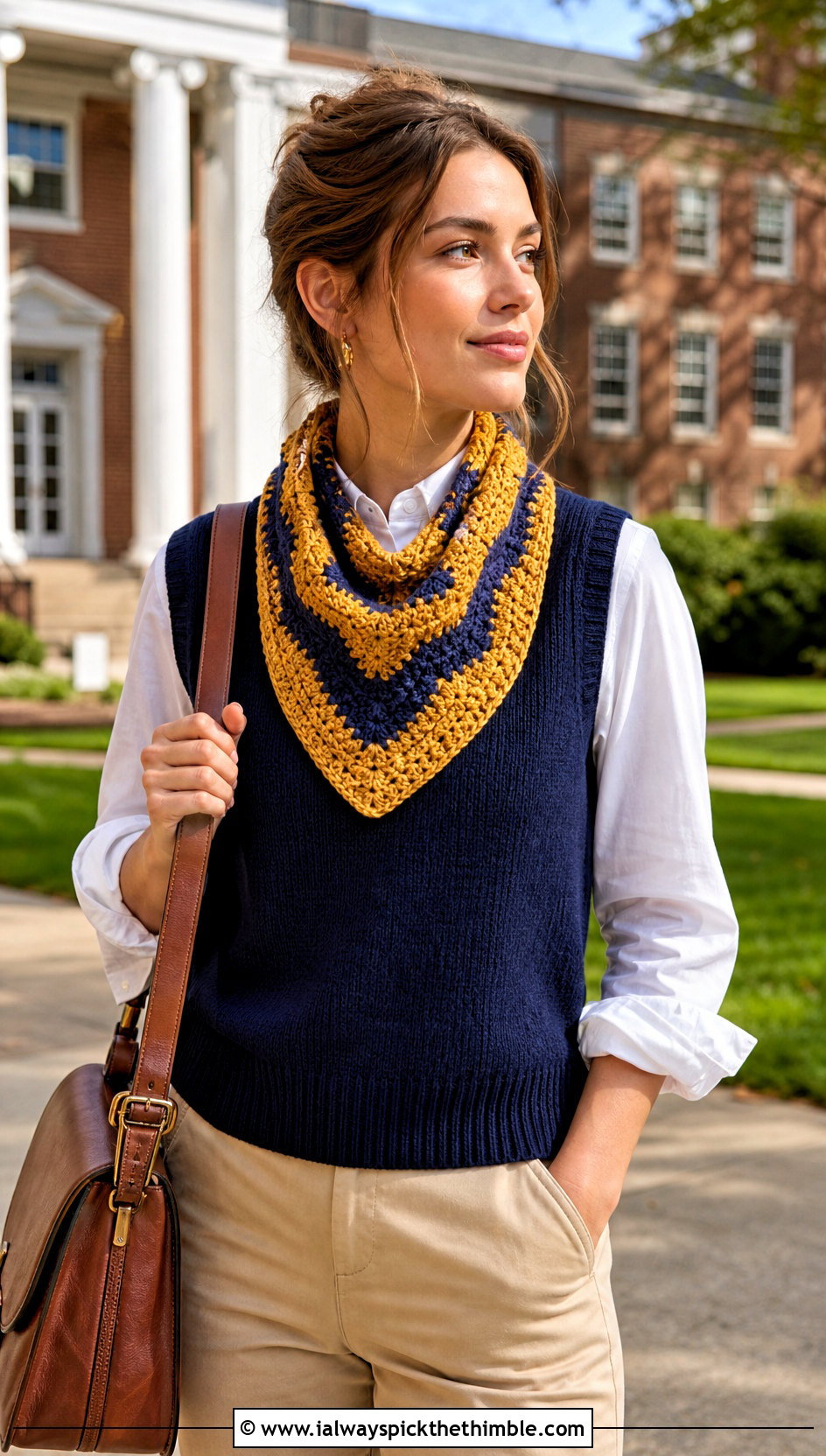 Chevron Crochet Bandana Cowl With Preppy Layers - 20 crochet bandana cowl outfit ideas