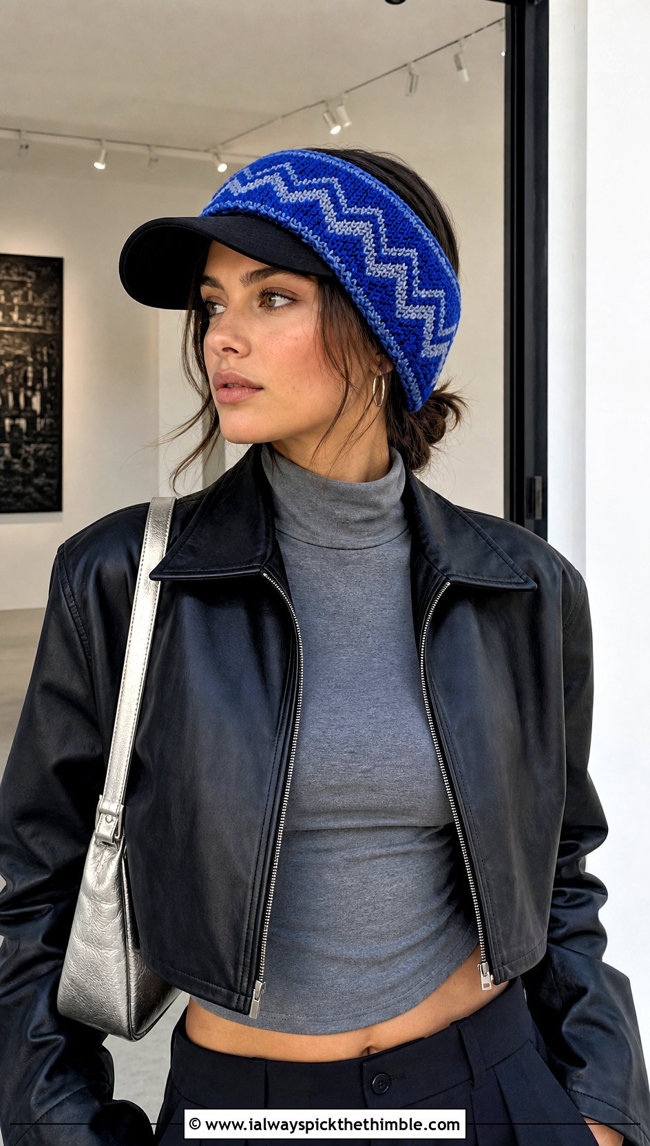 Chevron Crochet Baseball Cap Ear Warmer With Leather Jacket - 20 crochet baseball cap ear warmer outfit ideas