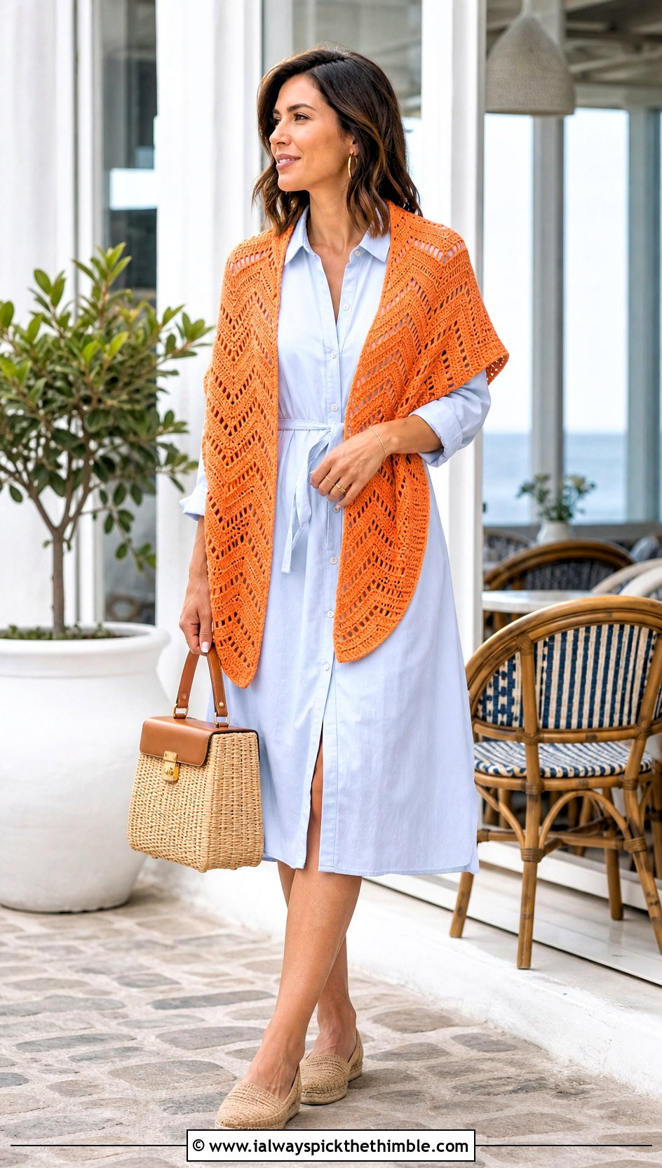 Chevron Crochet Beach Shawl With Shirt Dress - 20 crochet beach shawl outfit ideas
