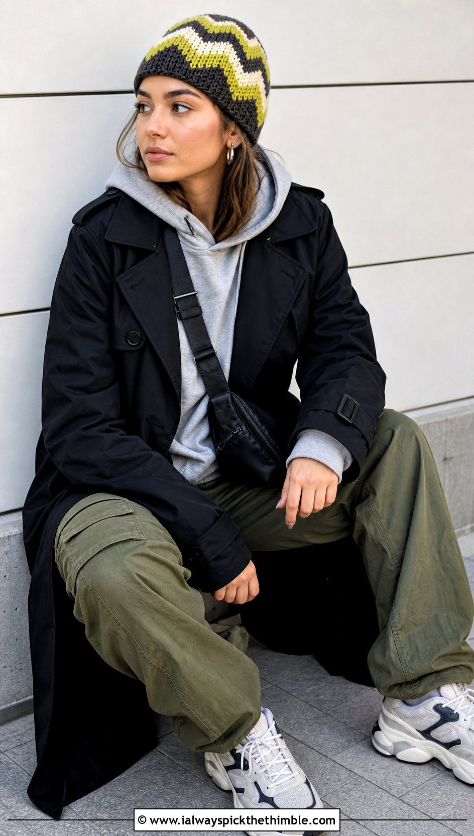 Chevron Crochet Beanie With Hoodie And Cargo Trousers - 25 easy crochet beanie womens outfit ideas