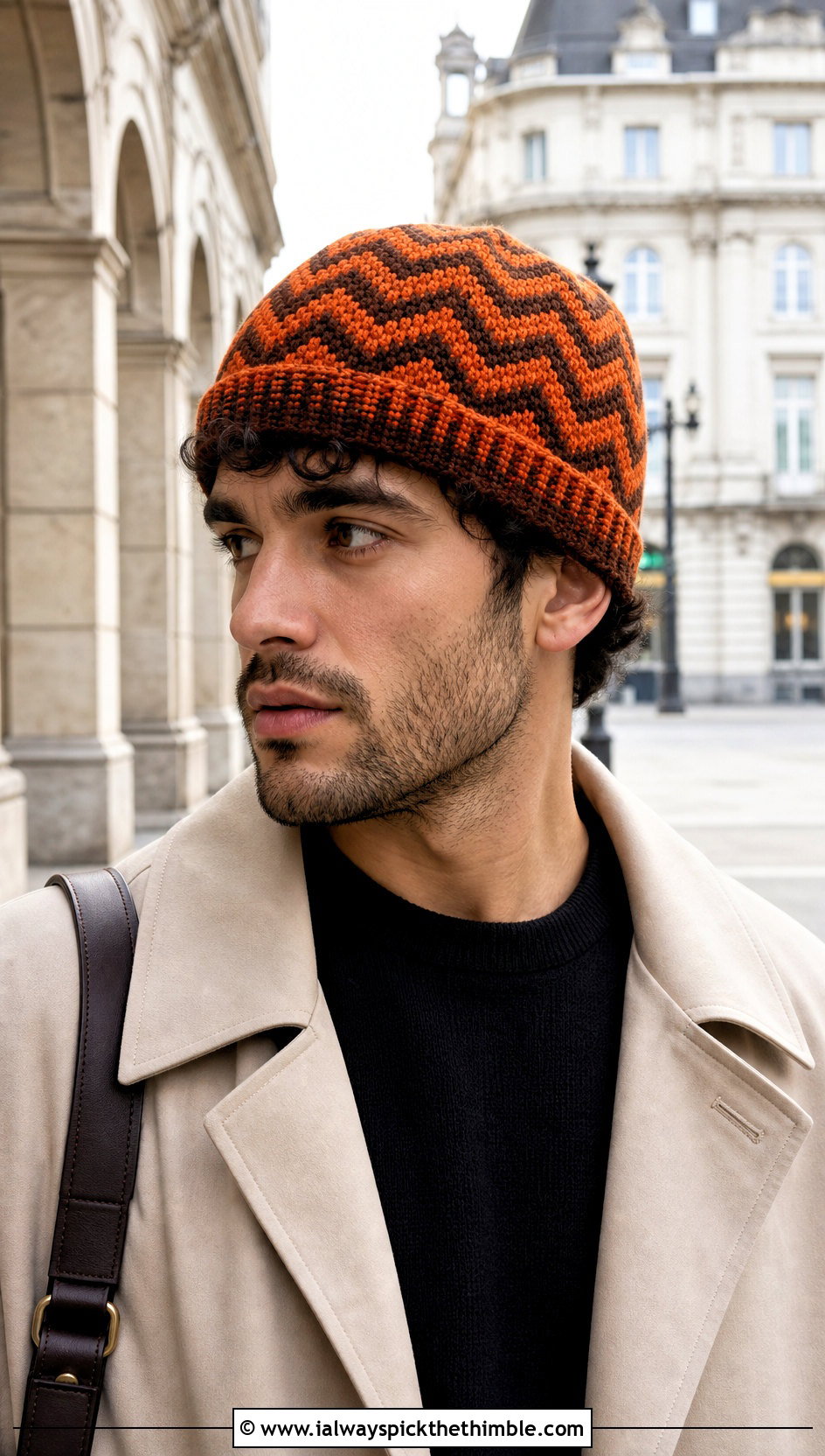 Chevron Crochet Beanie With Trench Coat - 20 male crochet hat outfit ideas