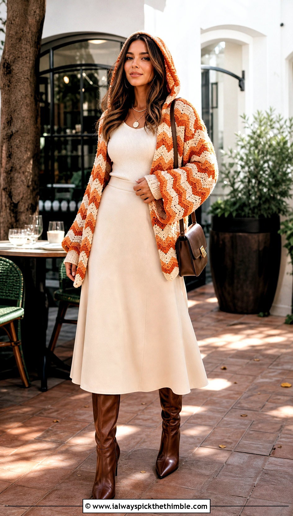Chevron Crochet Blanket Hoodie With Midi Skirt - 20 crochet blanket hoodie outfit ideas