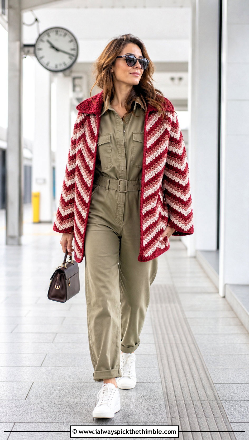 Chevron Crochet Blanket Jacket With Utility Jumpsuit - 20 crochet blanket jacket outfit ideas