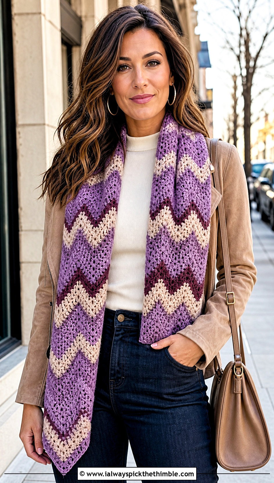 Chevron Crochet Blanket Scarf With Flare Jeans - 25 crochet blanket scarf outfit ideas