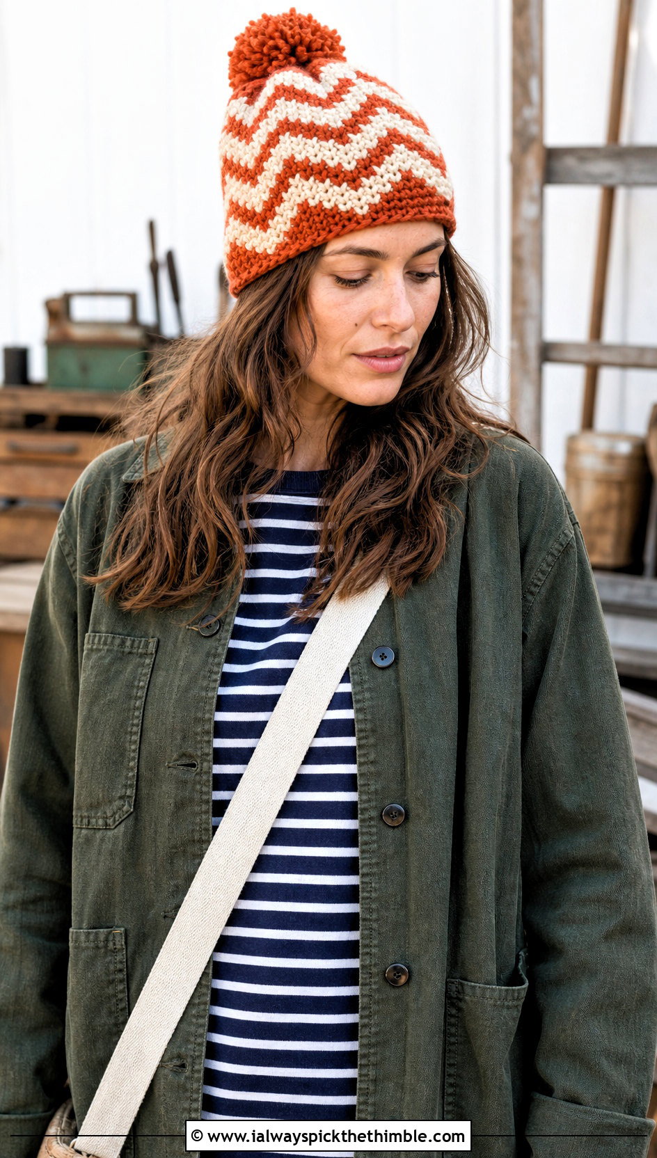 Chevron Crochet Bobble Hat With Workwear Jacket - 20 crochet bobble hat outfit ideas