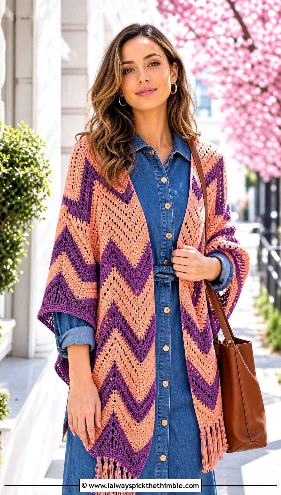 Chevron Crochet Boho Shawl With Denim Dress - 20 crochet boho shawl outfit ideas