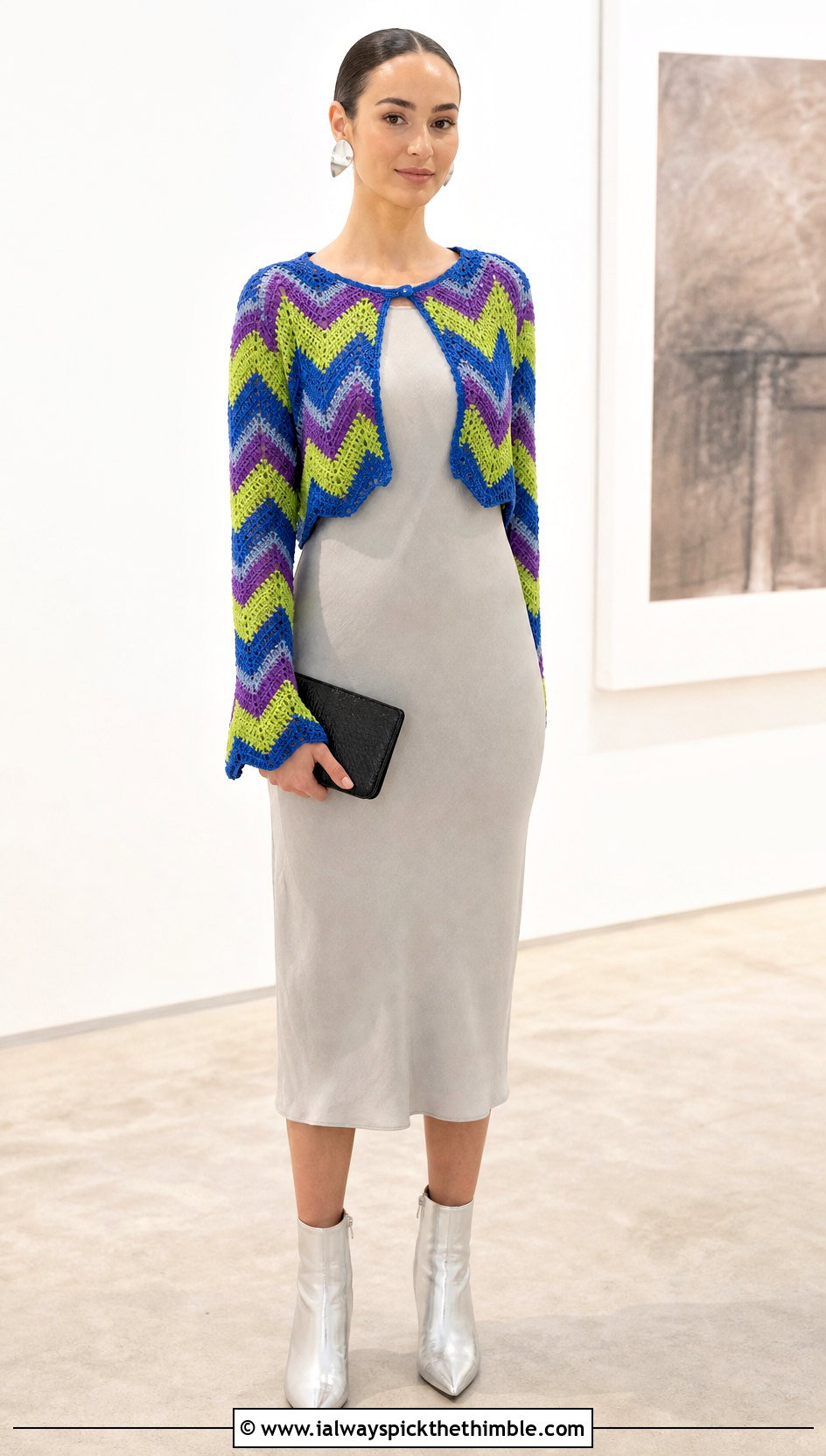 Chevron Crochet Bolero Top With Column Dress - 20 crochet chevron top outfit ideas